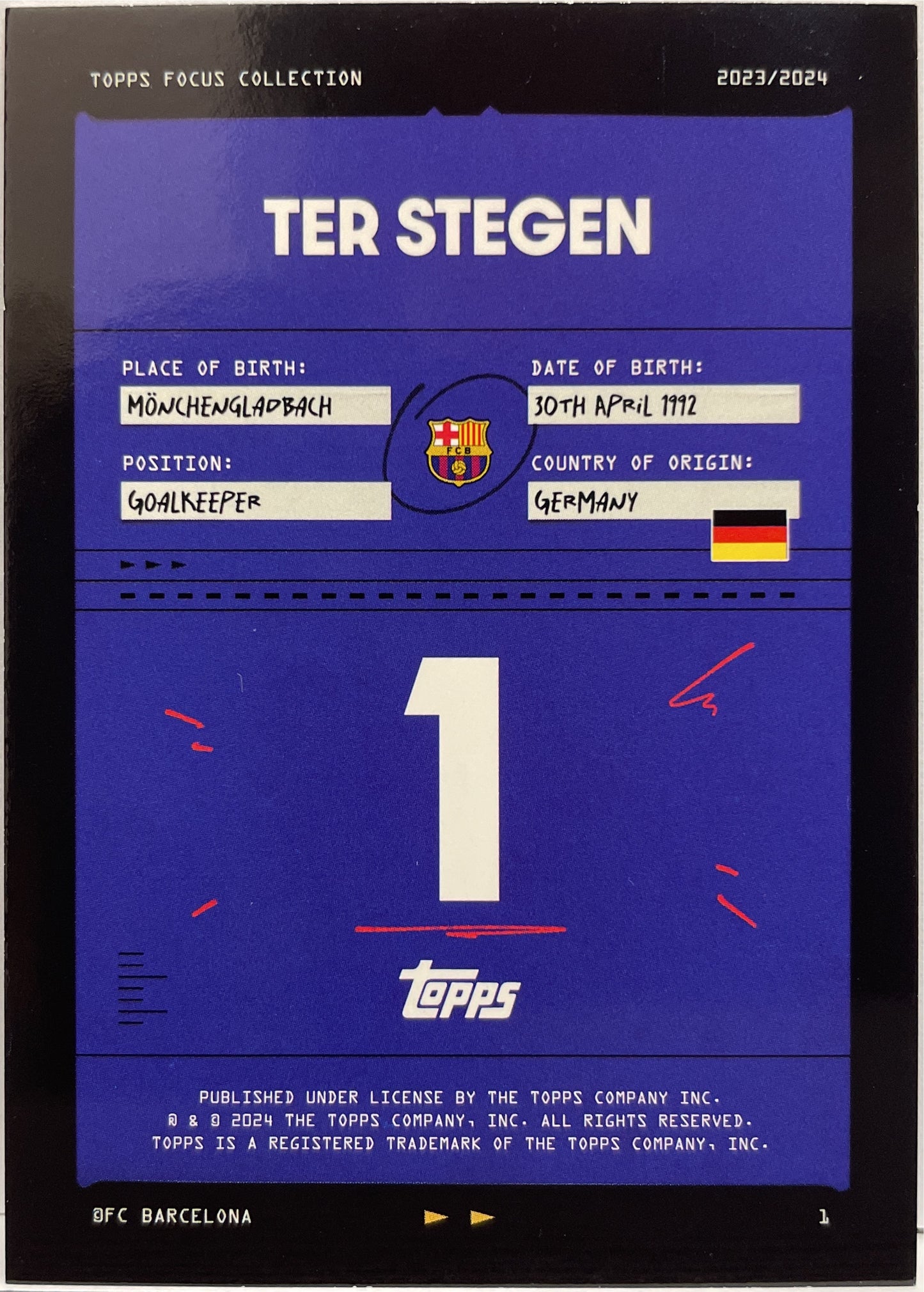 Ter Stegen 6/75 Blue Topps Focus Barcelona 2023/24