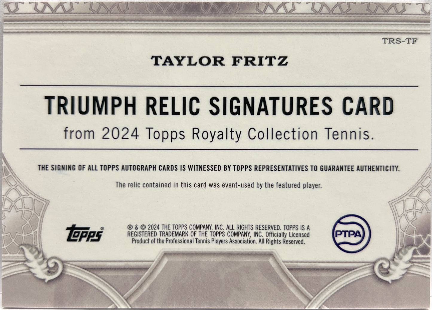 Taylor Fritz 12/75 Patch Autograph Triumph Relic Signature Topps Royalty Tennis 2024