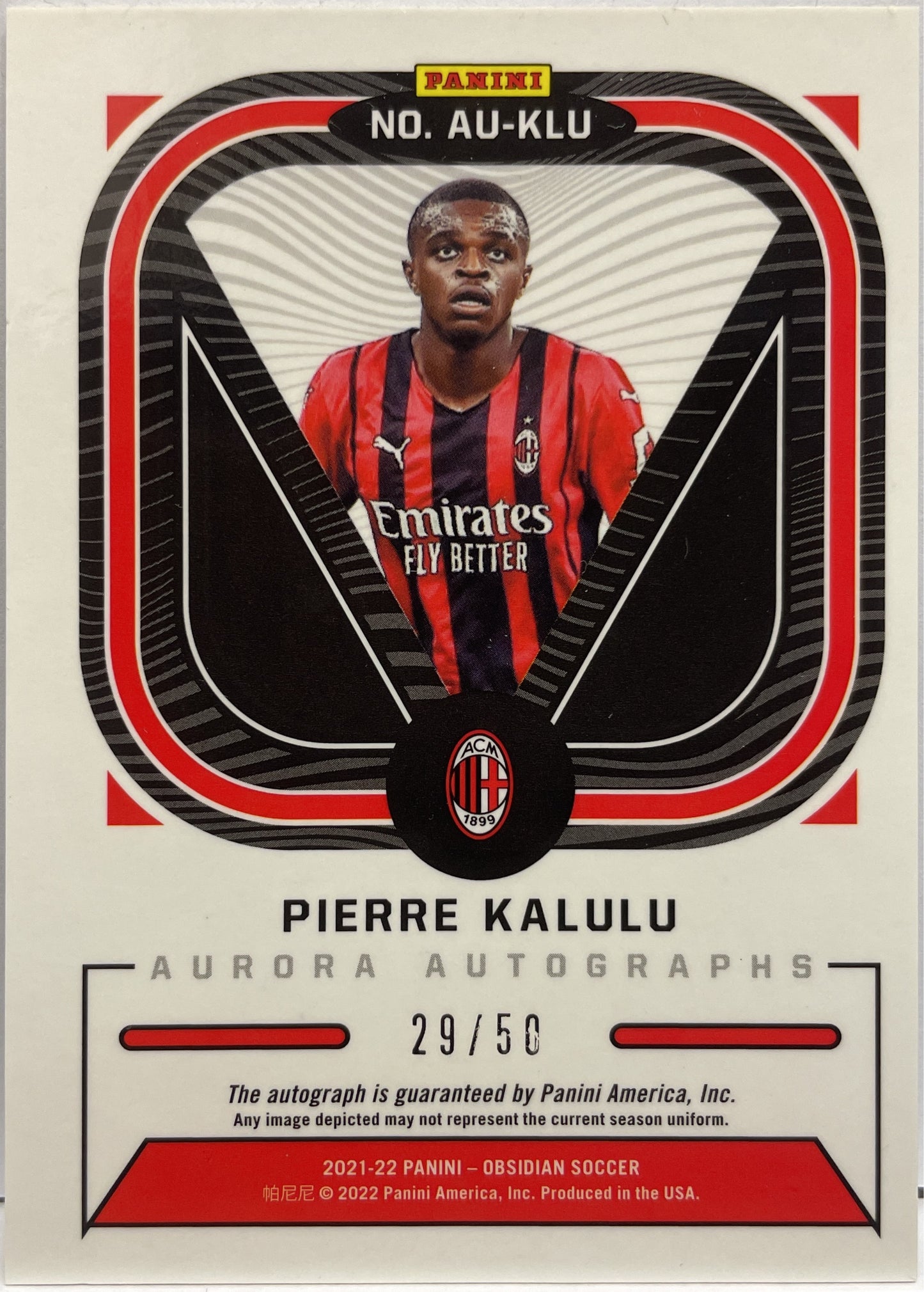 Pierre Kalulu 29/50 Rookie Autograph Aurora Obsidian 2021/22