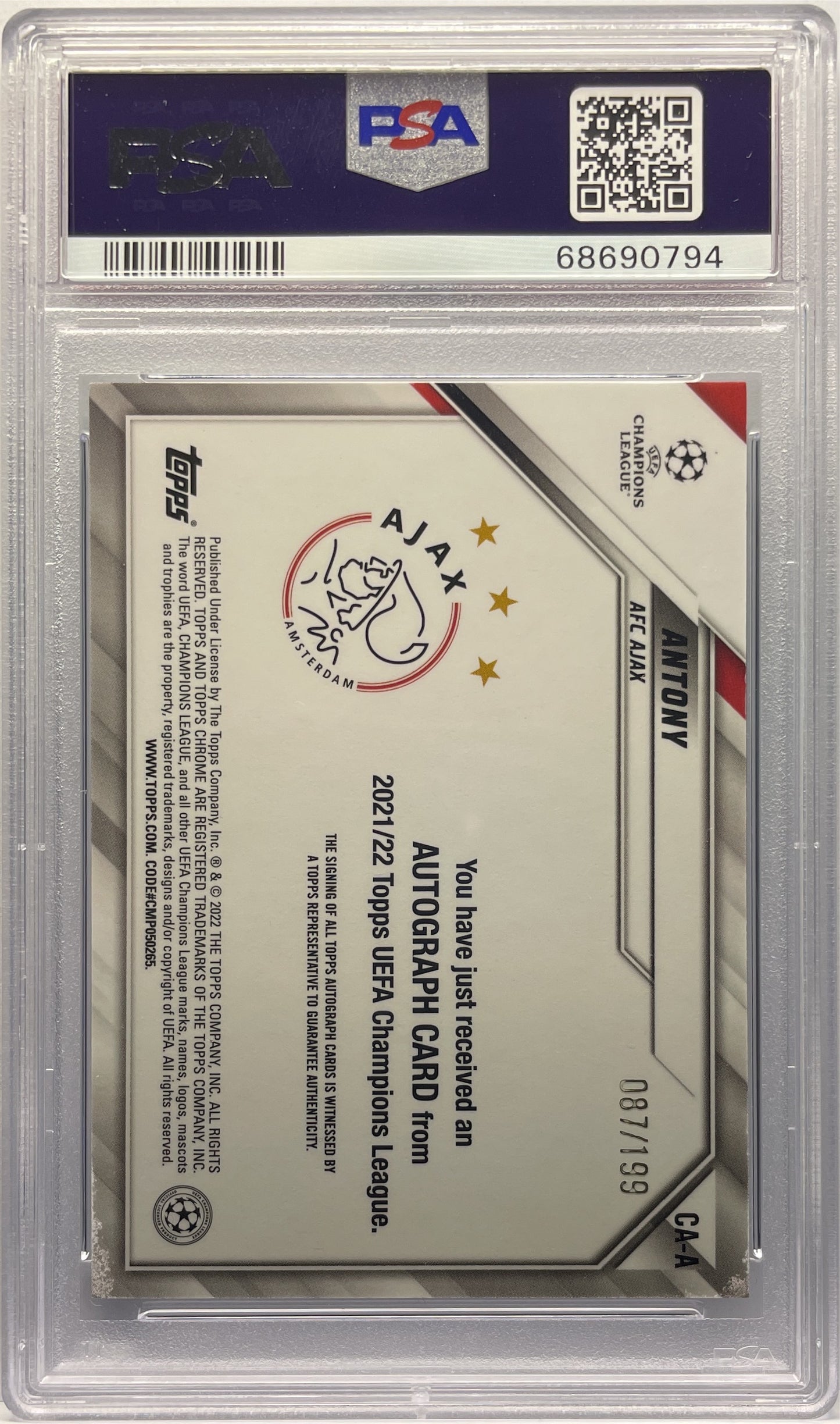 PSA 10 - Antony 87/199 Autograph Aqua Refractor - Topps Chrome UCL 2021/22