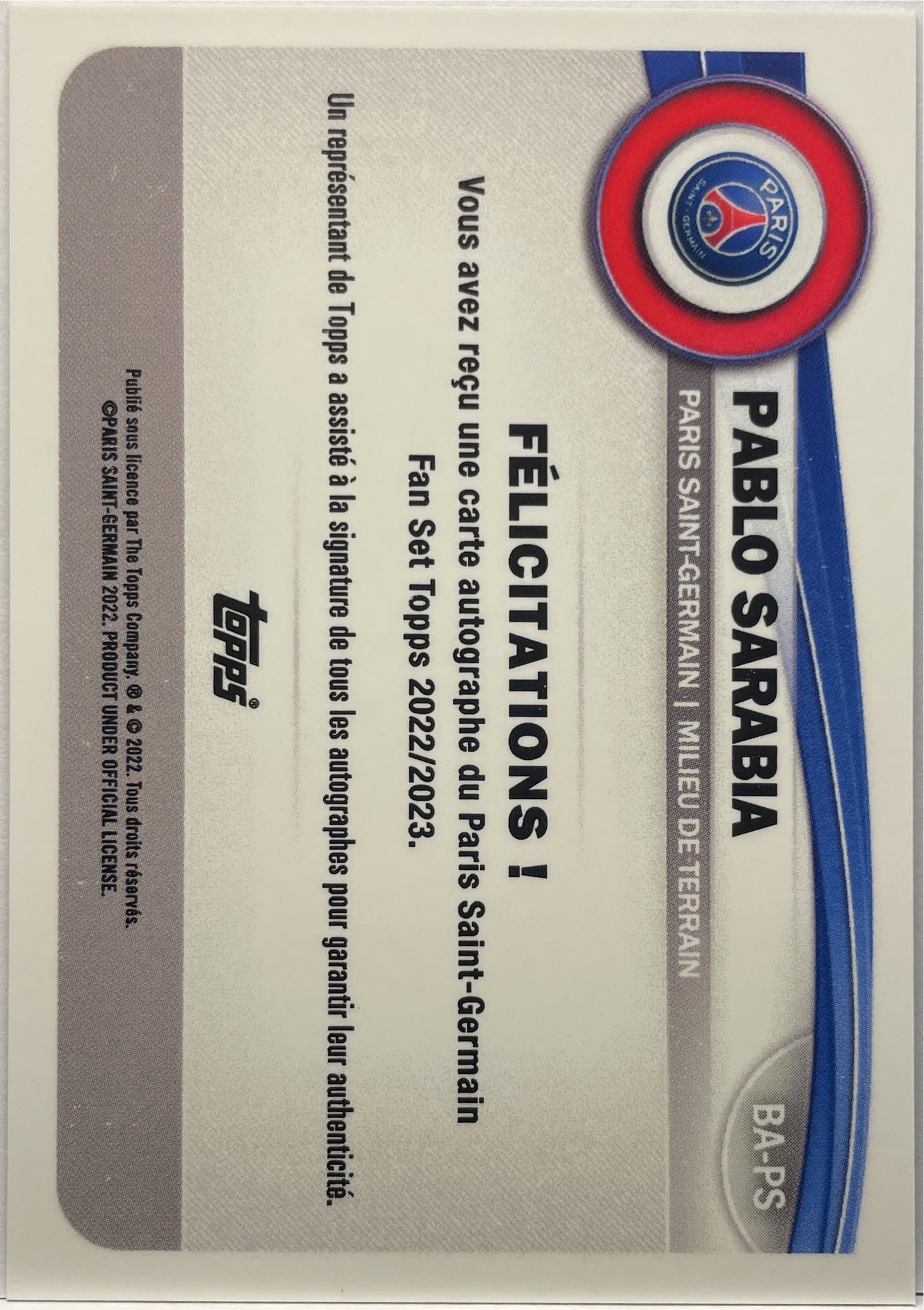 Pablo Sarabia 4/10 Autograph Topps PSG Team Set 2022/23