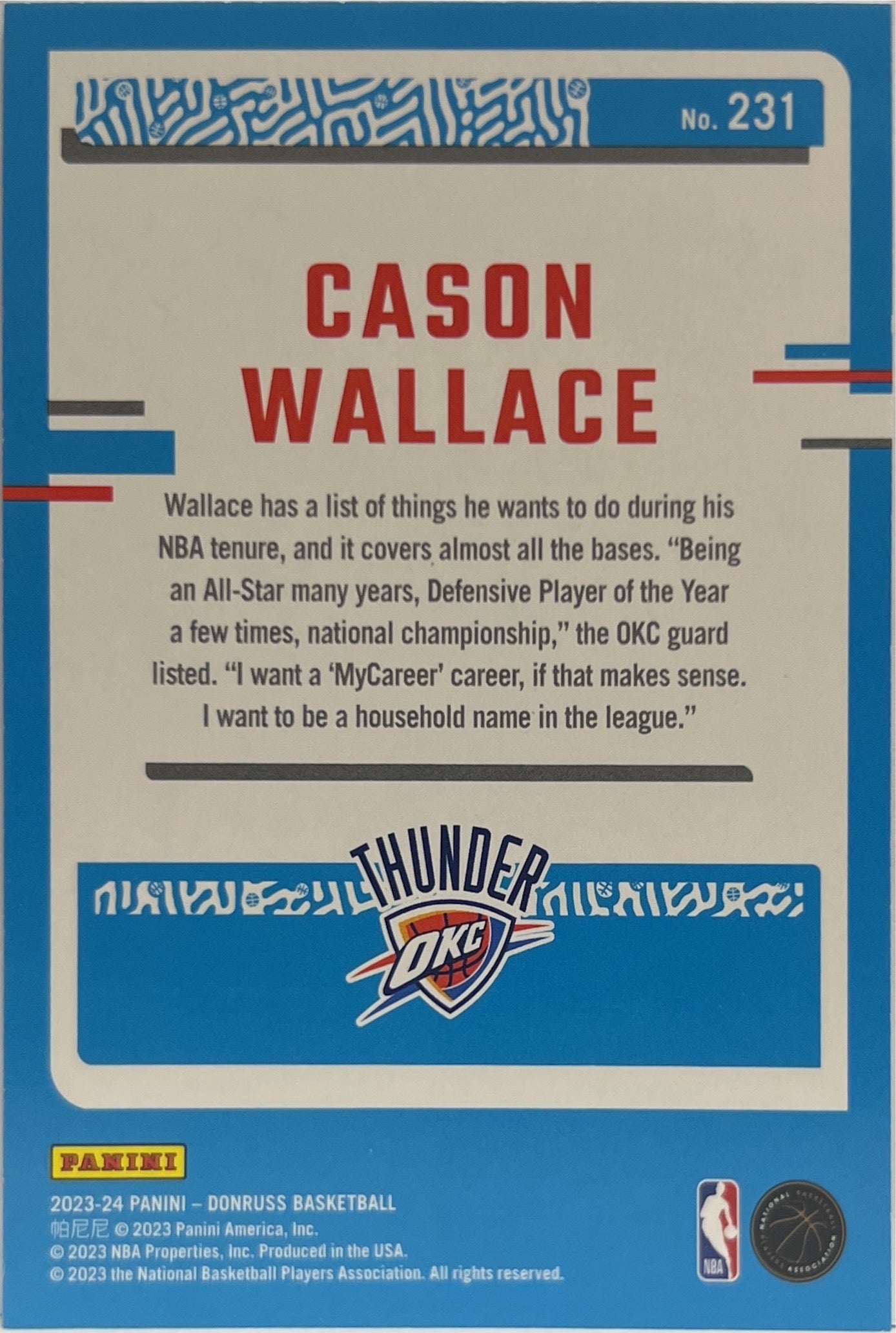 Cason Wallace 41/199 Rated Rookie Purple Donruss Basketball NBA 2023/24