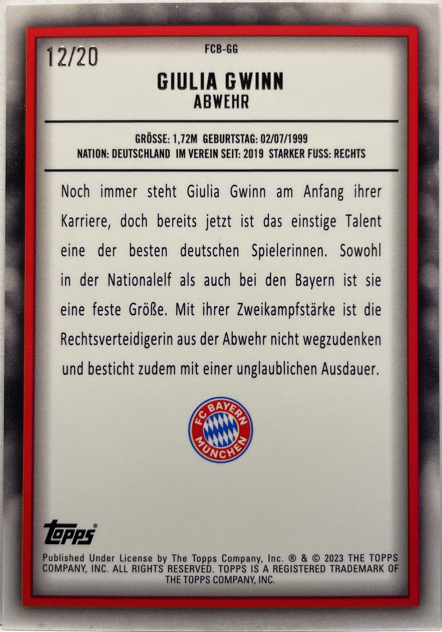 Giulia Gwinn 12/20 Topps Team Set Bayern Monaco 2022/23