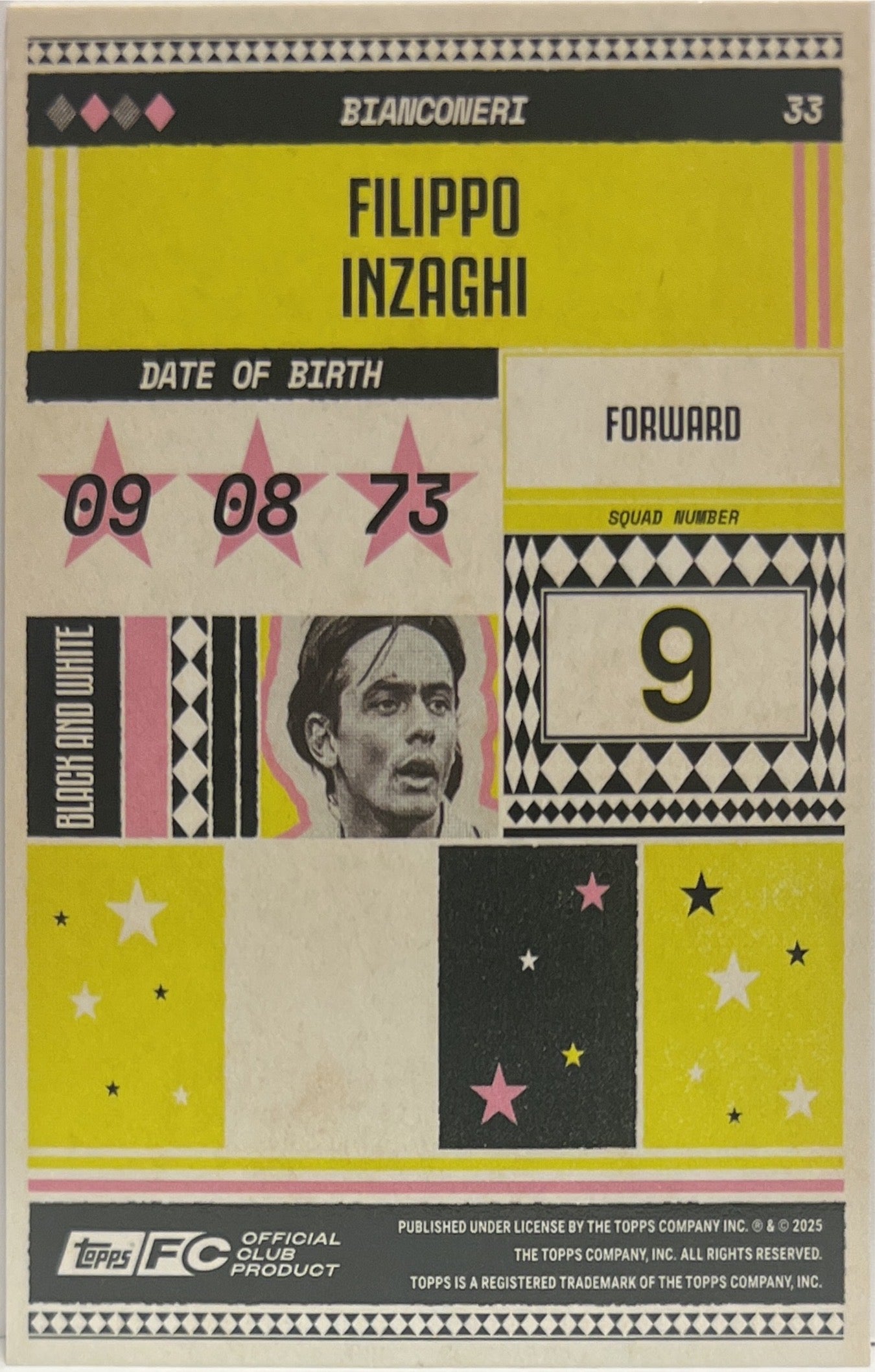 Filippo Inzaghi 8/99 Pink Topps Juventus Premium Team Set 2024/25