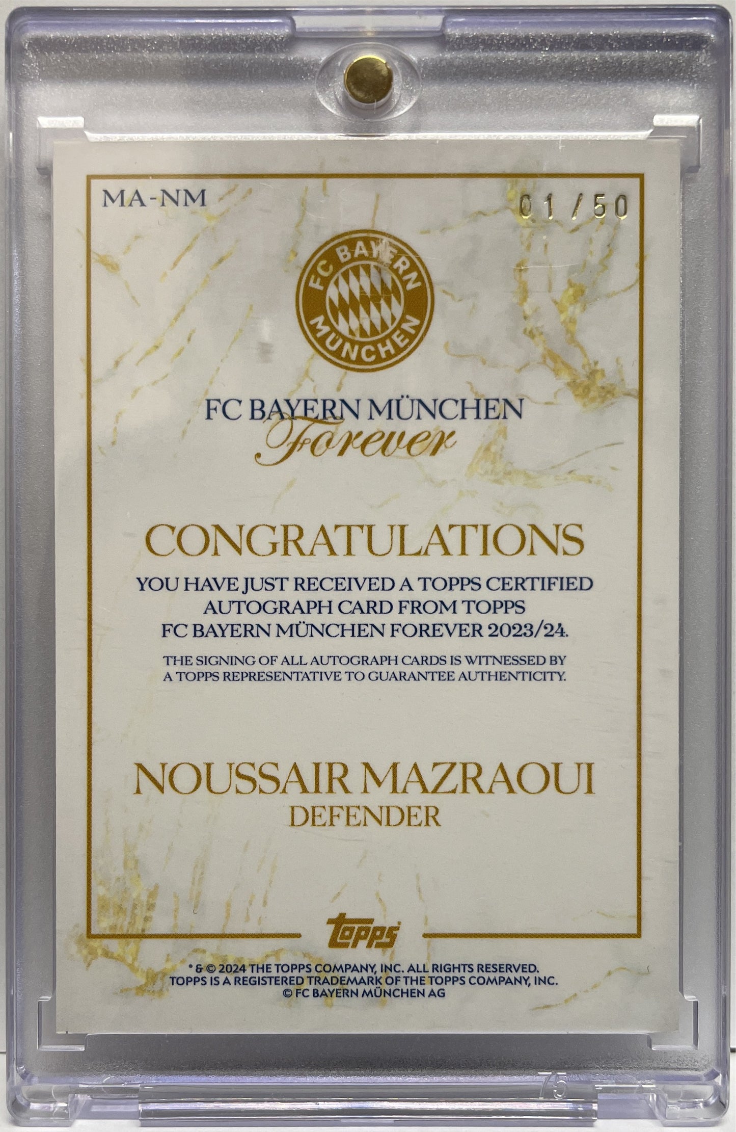 Noussair Mazraoui 1/50 Autograph Gold Topps Bayern Munchen Forever 2024