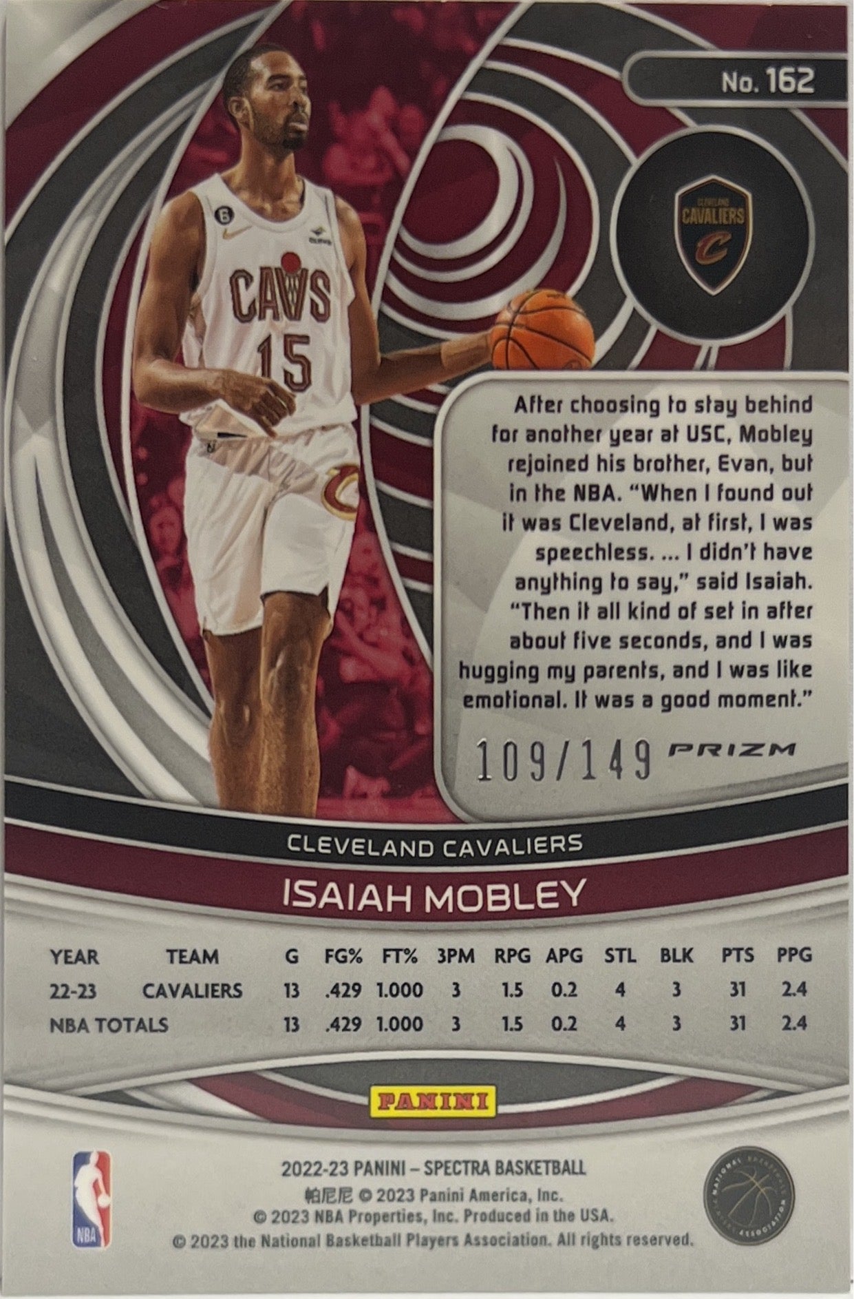 Isaiah Mobley 109/149 Rookie Celestial Panini Spectra Basketball 2022/23