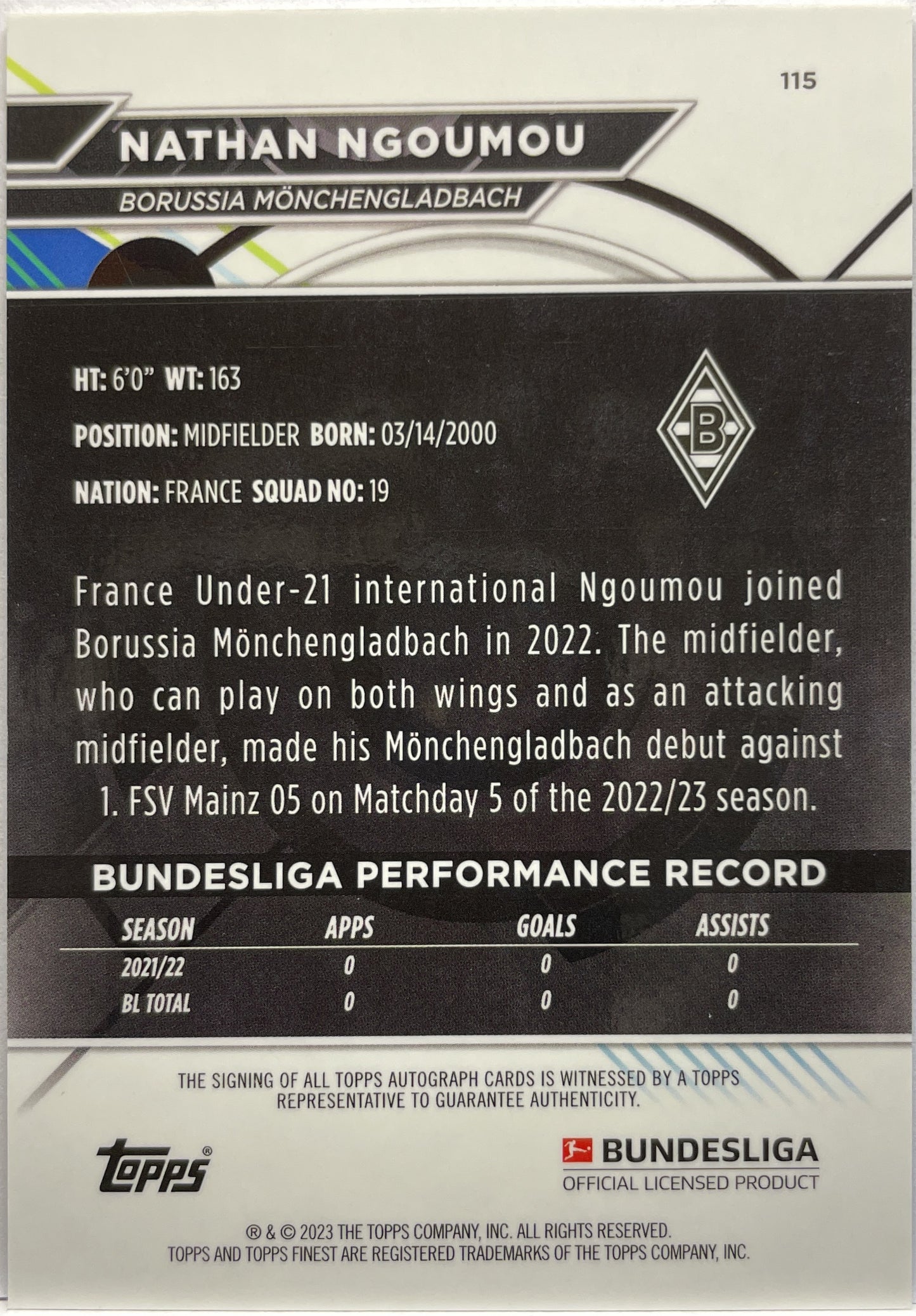 Nathan Ngoumou Rookie Autograph Topps Finest Bundesliga 2022/23