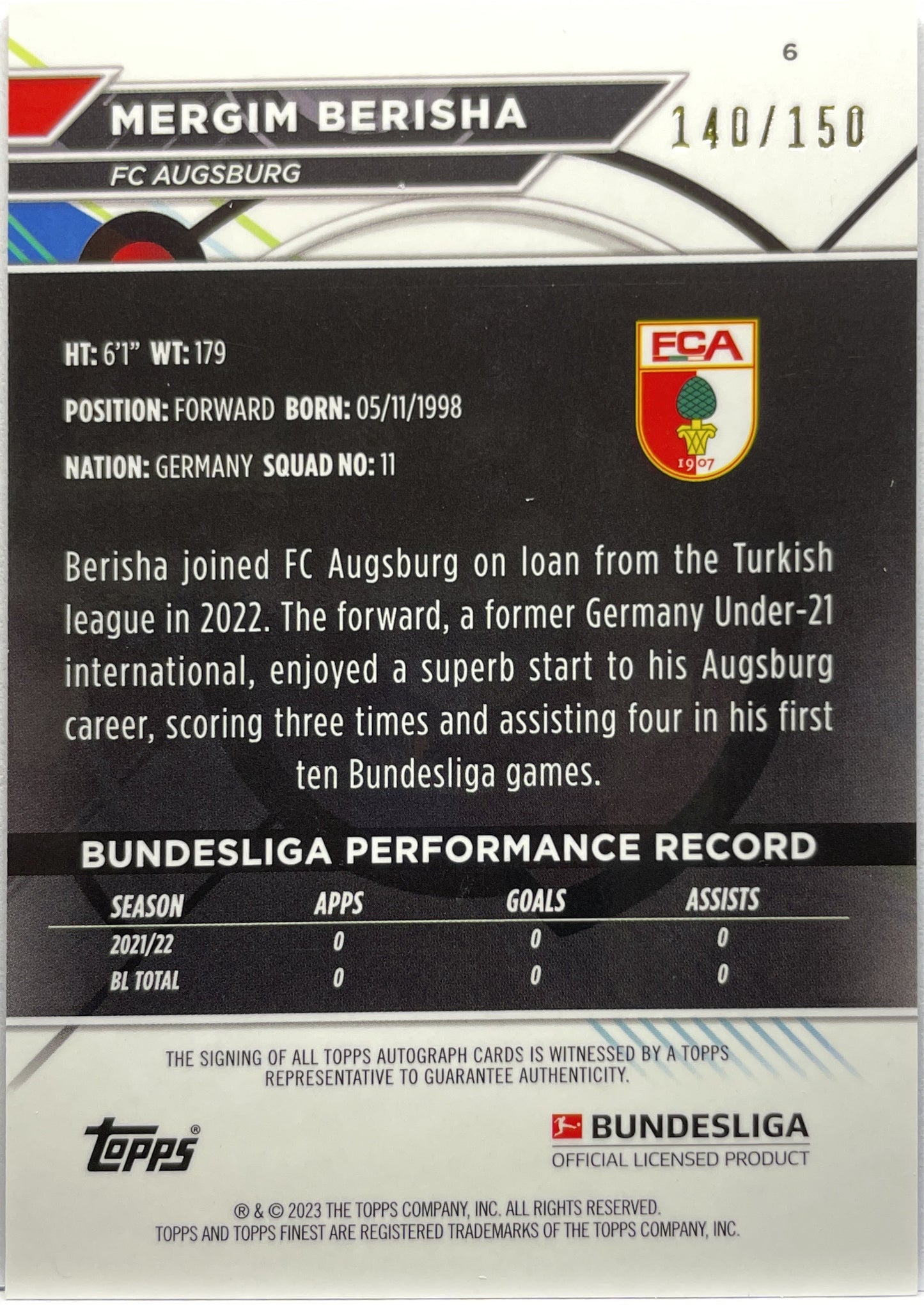 Mergim Berisha 140/150 Autograph Black Topps Finest Bundesliga 2022/23