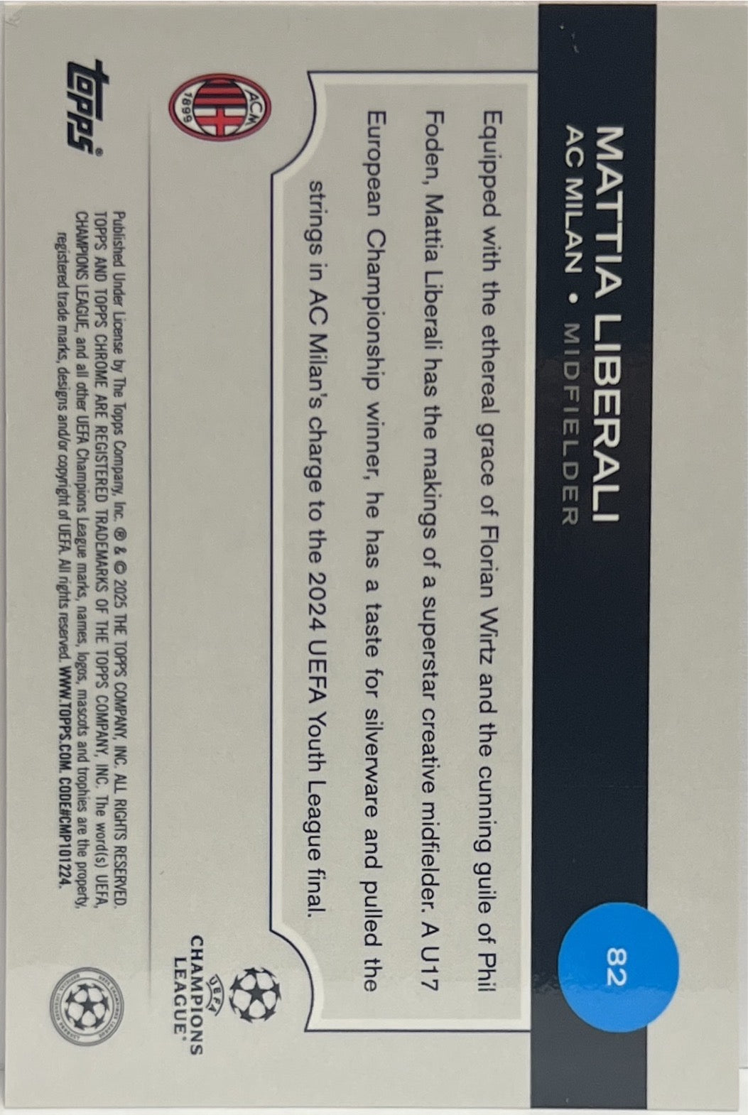 Mattia Liberali 25/25 Rookie Orange Topps Chrome UCC 2024/25