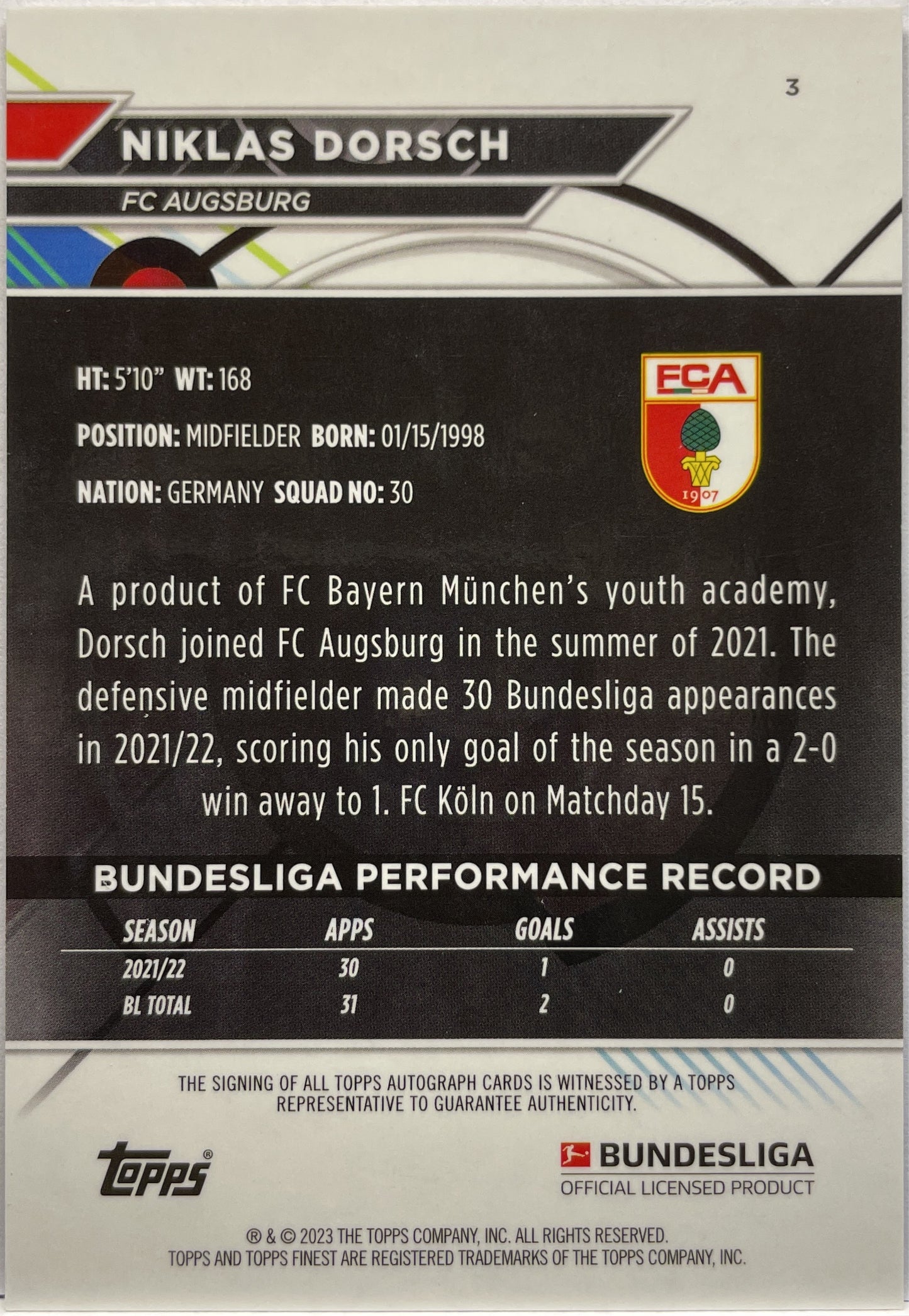 Niklas Dorsch Autograph Topps Finest Bundesliga 2022/23