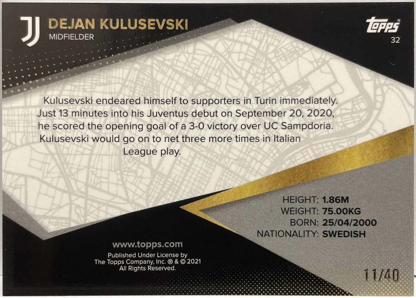 Dejan Kulusevski 11/40 Our City Turin Topps Fan Set Juventus 2020/21