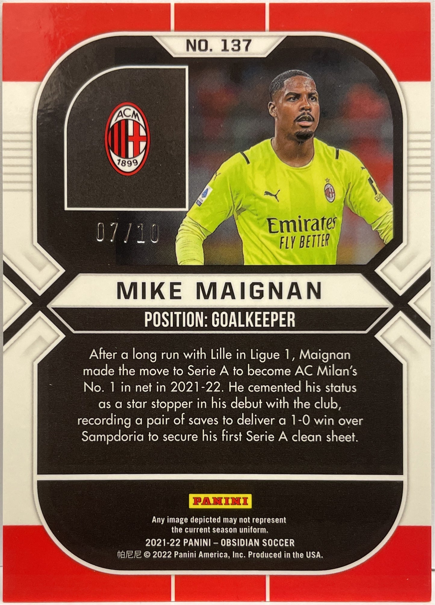 Mike Maignan 7/10 Rookie Electric Etch Neon Yellow Obsidian 2021/22