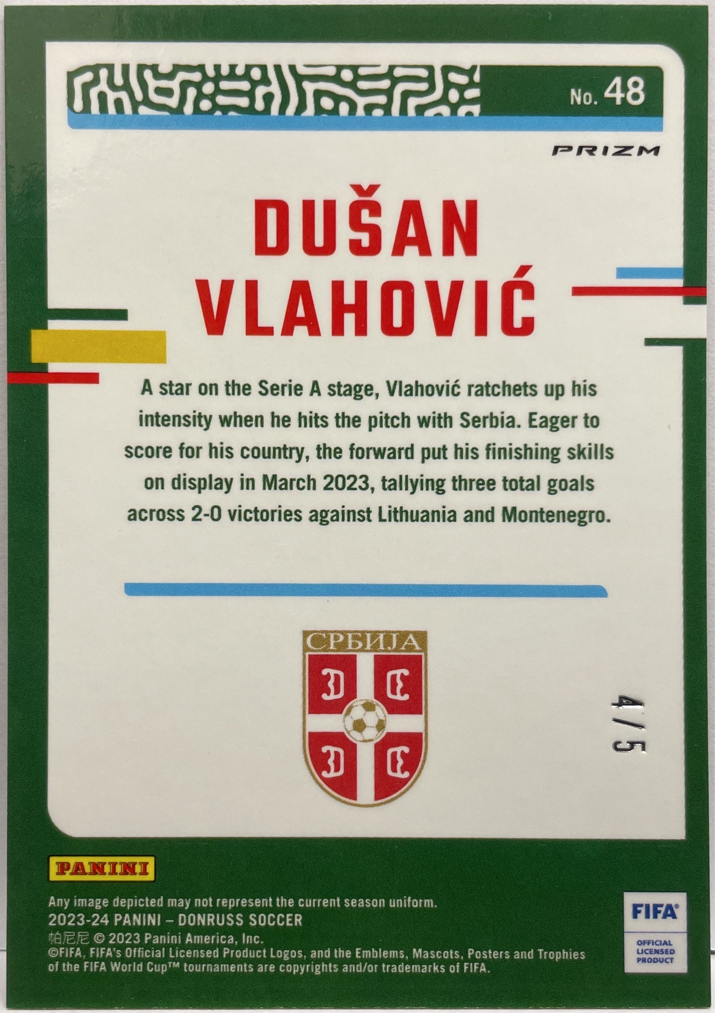 Dusan Vlahovic 4/5 Green Optic Donruss Fifa 2023/24