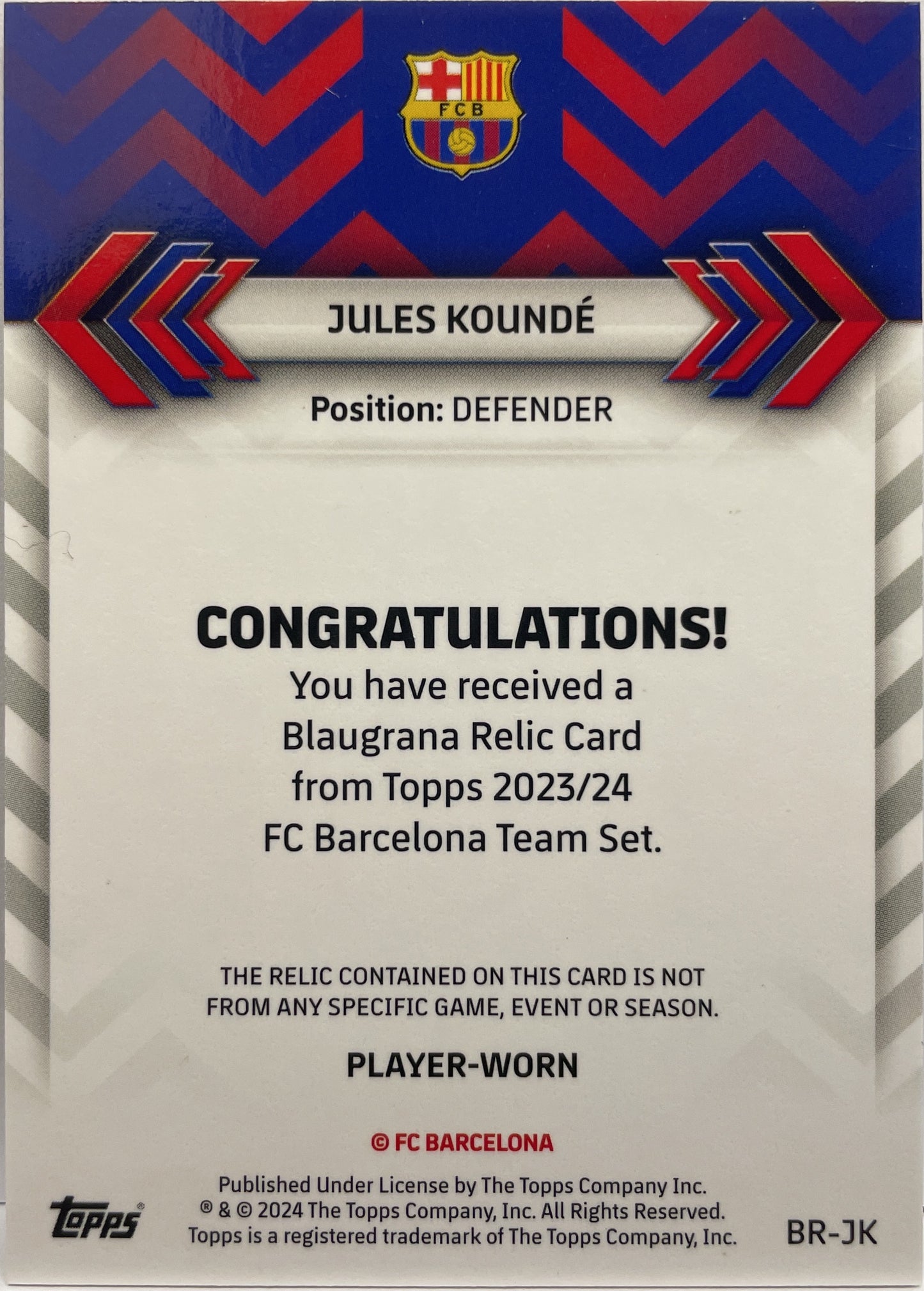 Jules Kounde 13/250 Blaugrana Relics Patch Topps Barcelona Team Set 2023/24