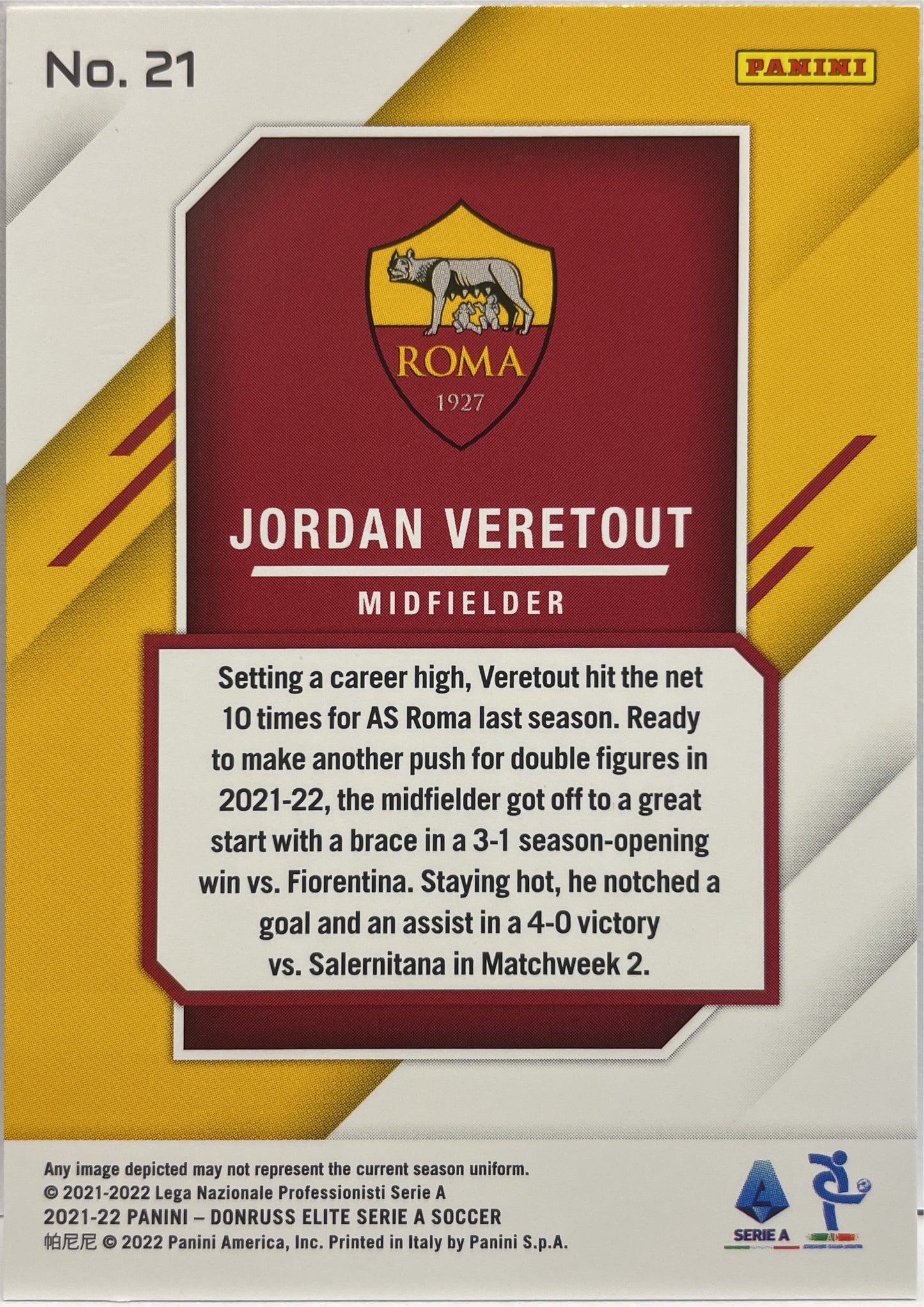 Jordan Veretout 31/49 Orange Donruss Elite Serie A 2021/22