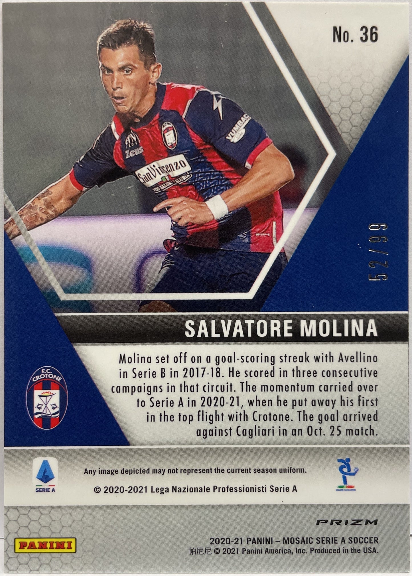 Salvatore Molina 52/99 Rookie Blue Mosaic Serie A 2020/21