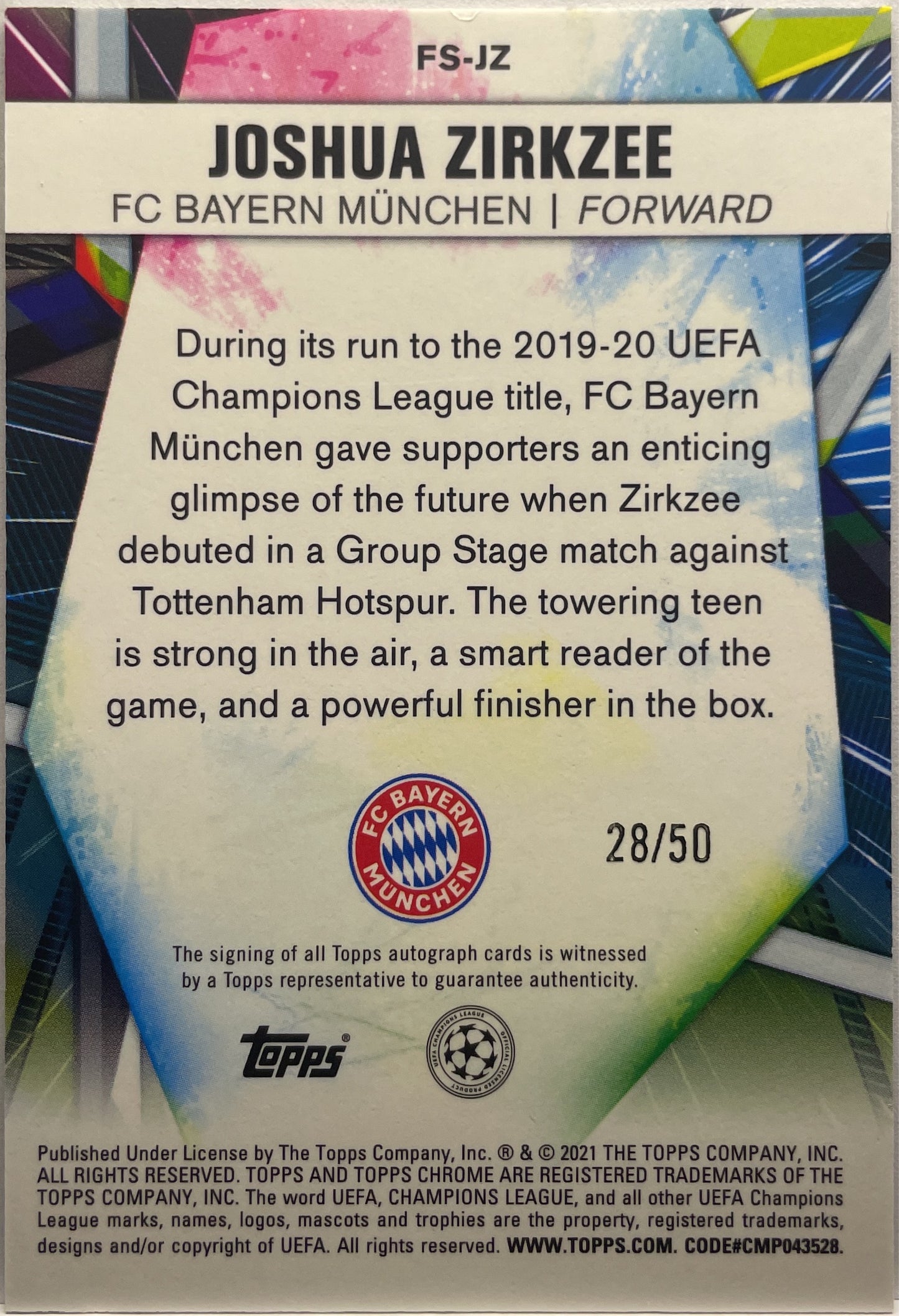 Joshua Zirkzee 28/50 Autograph Future Stars Topps Chrome UCL 2020/21