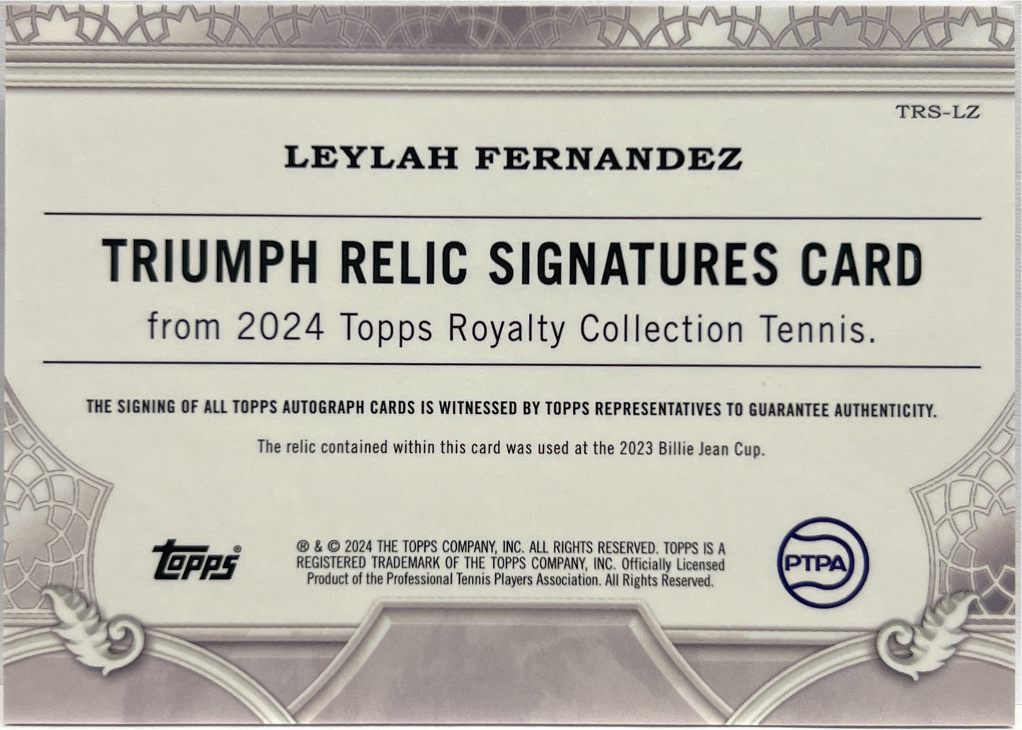 Leylah Fernandez 3/75 Patch Autograph Triumph Relic Signatures Topps Royalty Tennis 2024