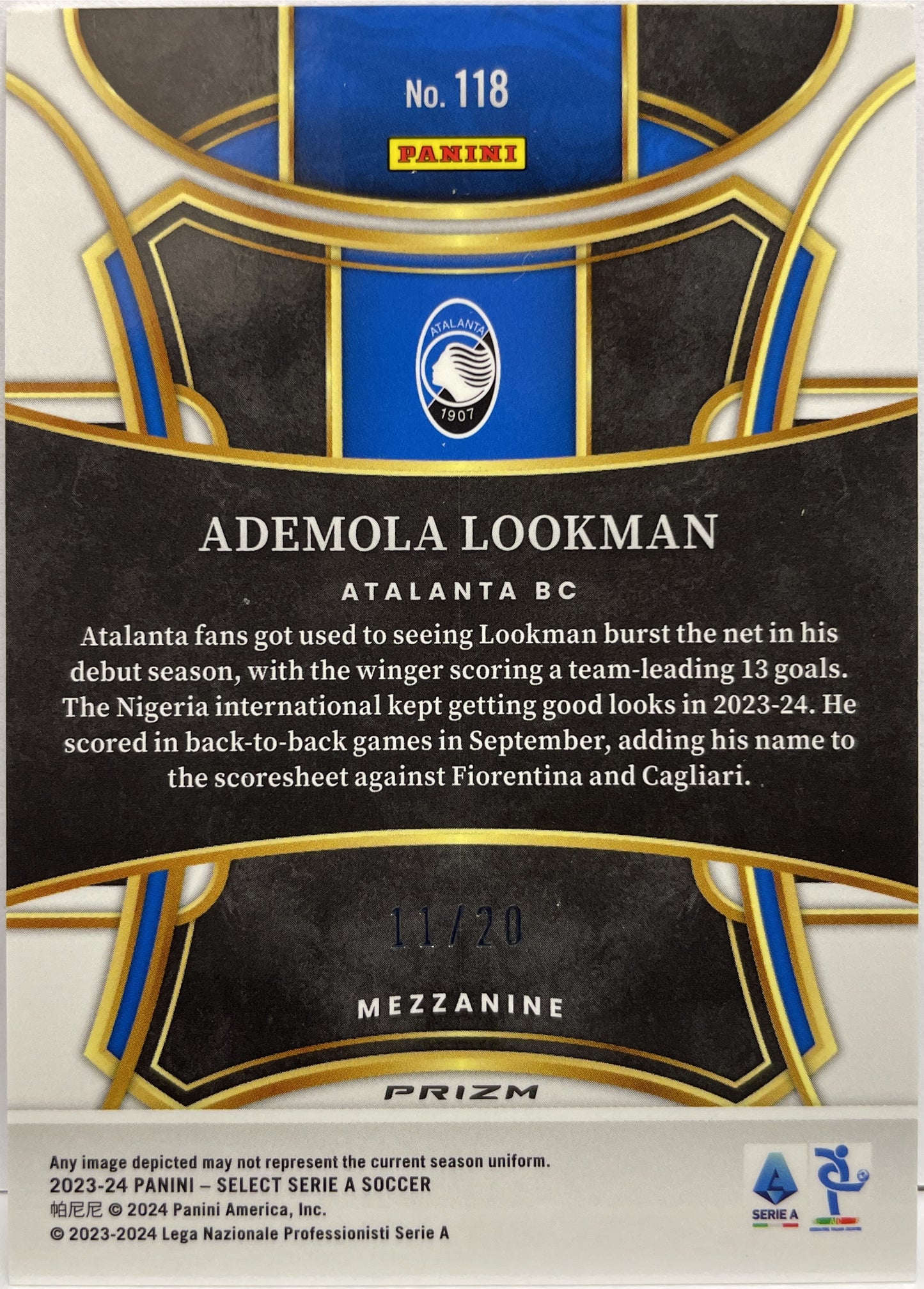 Ademola Lookman 11/20 Mezzanine Zebra Select Serie A 2023/24