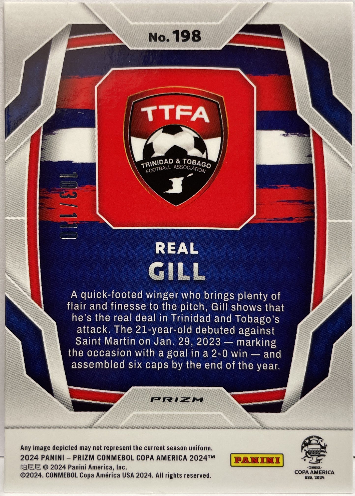 Real Gill 103/110 Rookie Blue Prizm Conmebol Copa America 2024