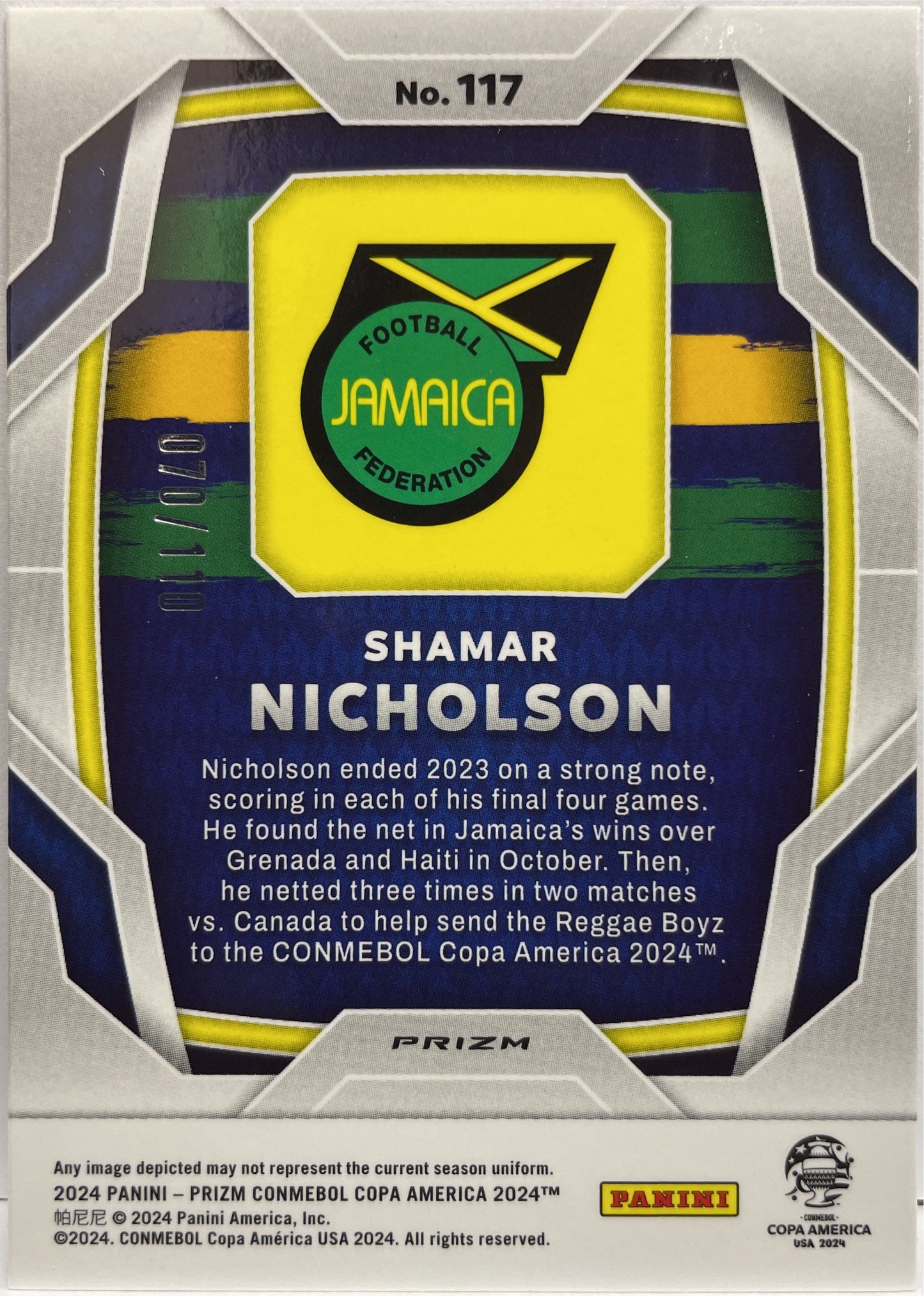 Shamar Nicholson 70/110 Rookie Blue Prizm Conmebol Copa America 2024