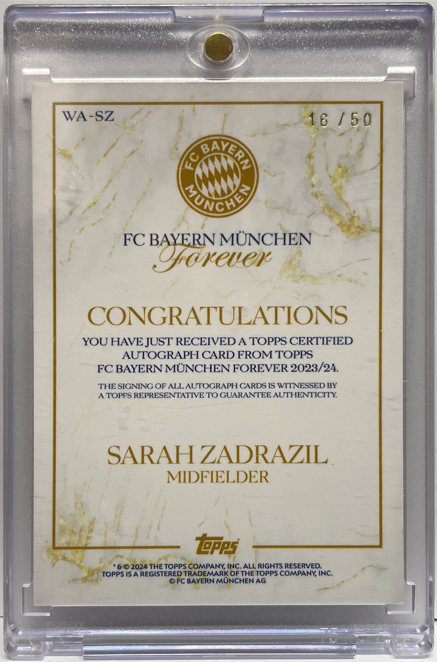 Sarah Zadrazil 16/50 Autograph Gold Topps Bayern Munchen Forever 2024