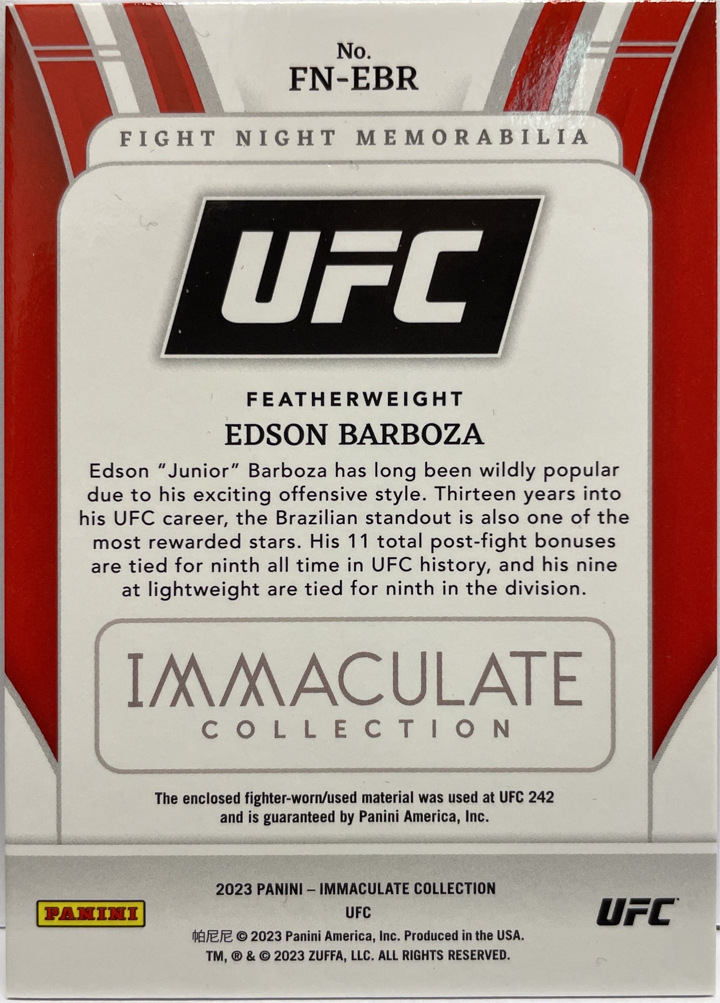 Edson Barboza 25/99 Fight Night Memorabilia Patch Immaculate UFC 2023