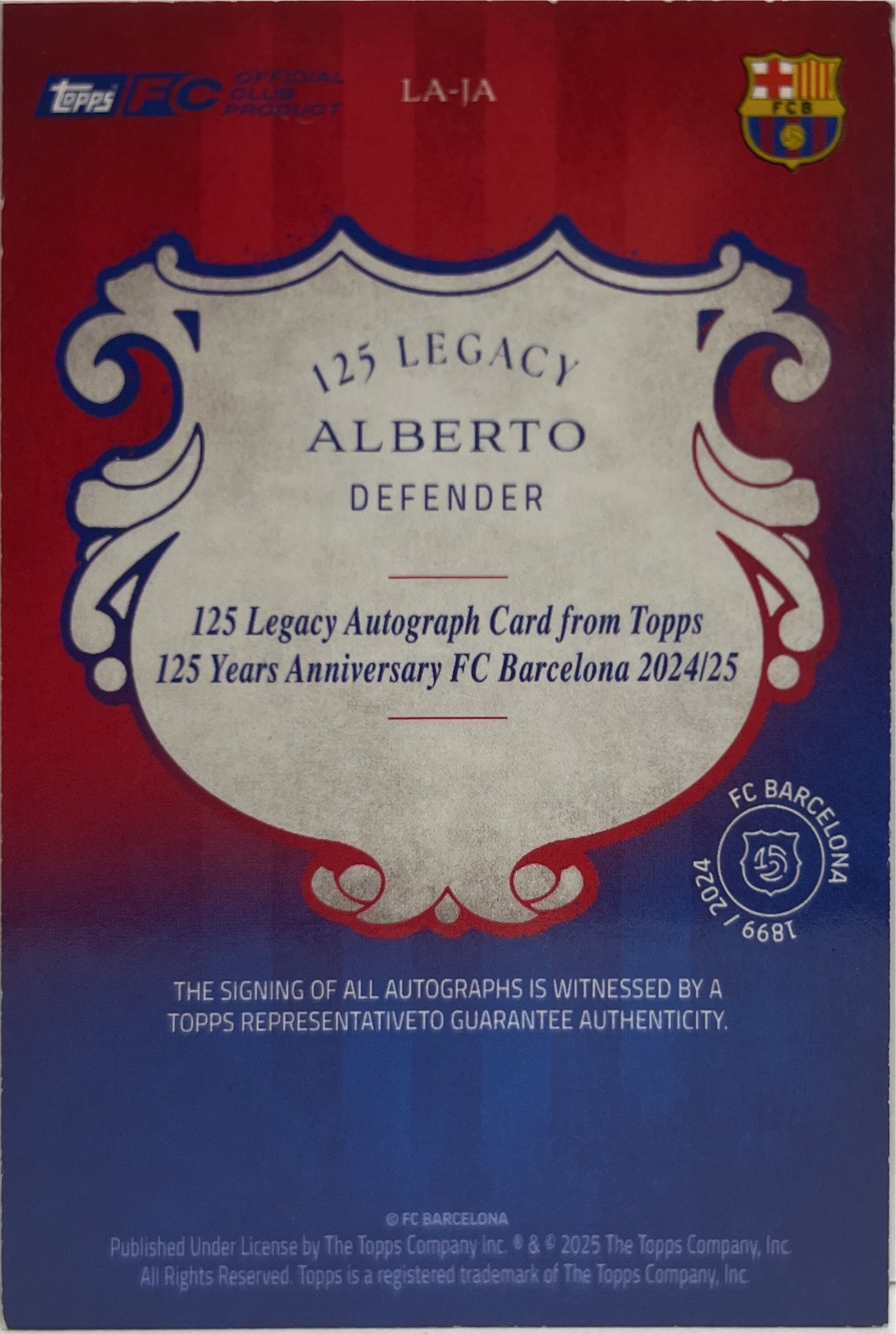 Julio Alberto 75/75 Autograph Topps Barcelona 125 2024/25