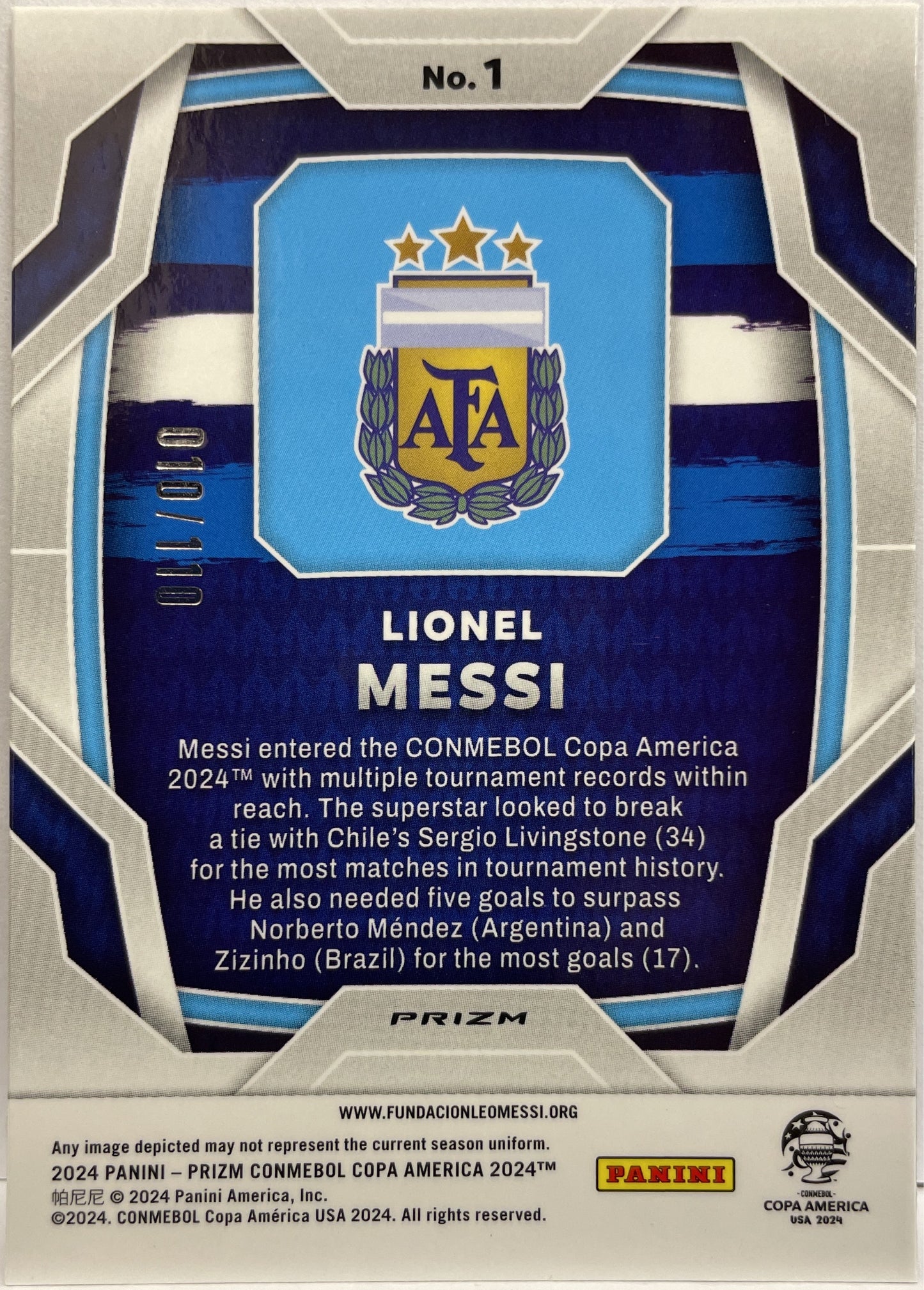 Lionel Messi 10/110 JERSEY NUMBER Blue Prizm Copa America 2024