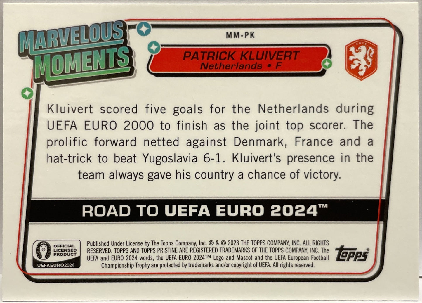 Patrick Kluivert Marvelous Moments Topps Pristine Uefa Euro 2024