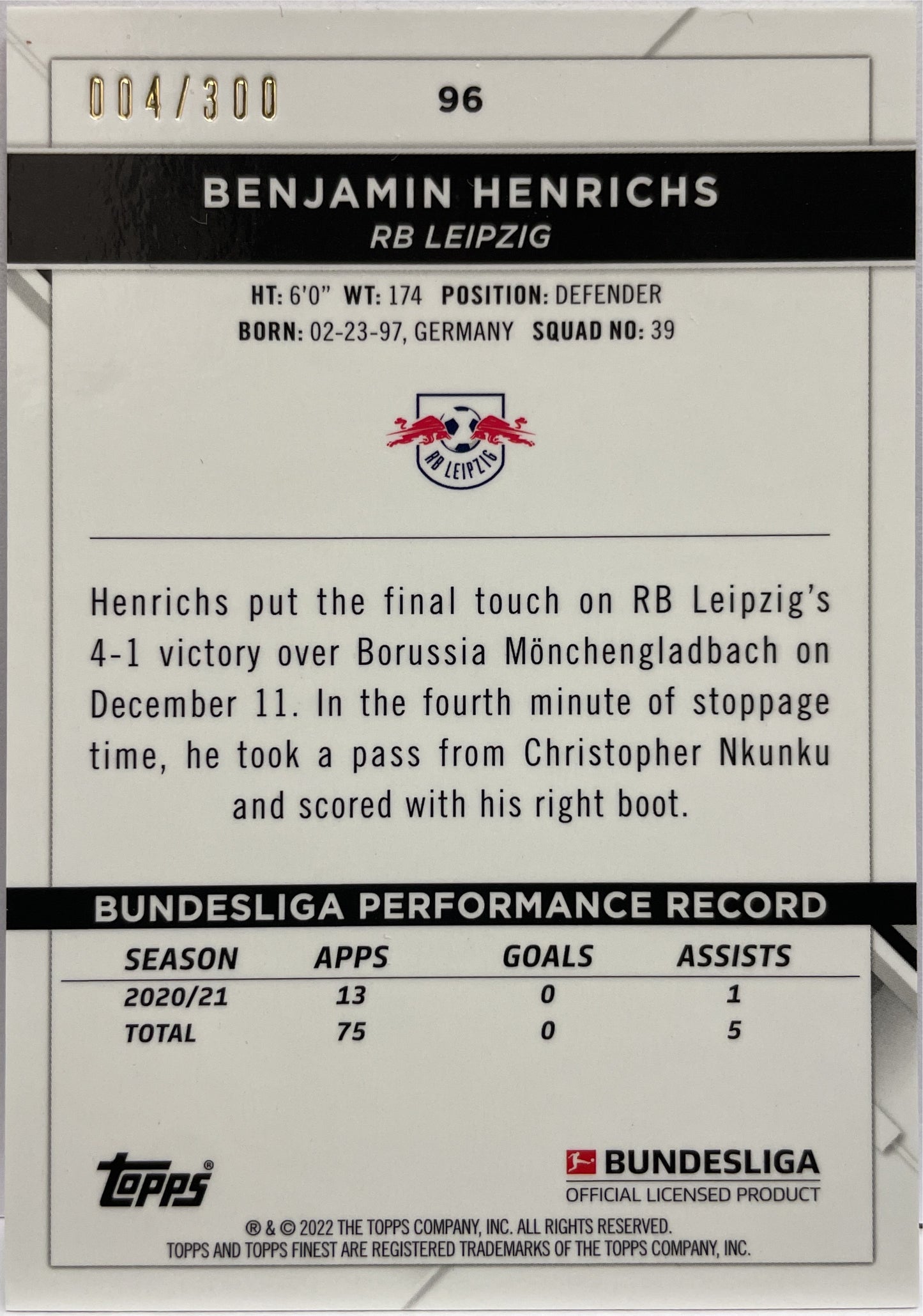 Benjamin Henrichs 4/300 Pink Wave Topps Finest Bundesliga 2021/22