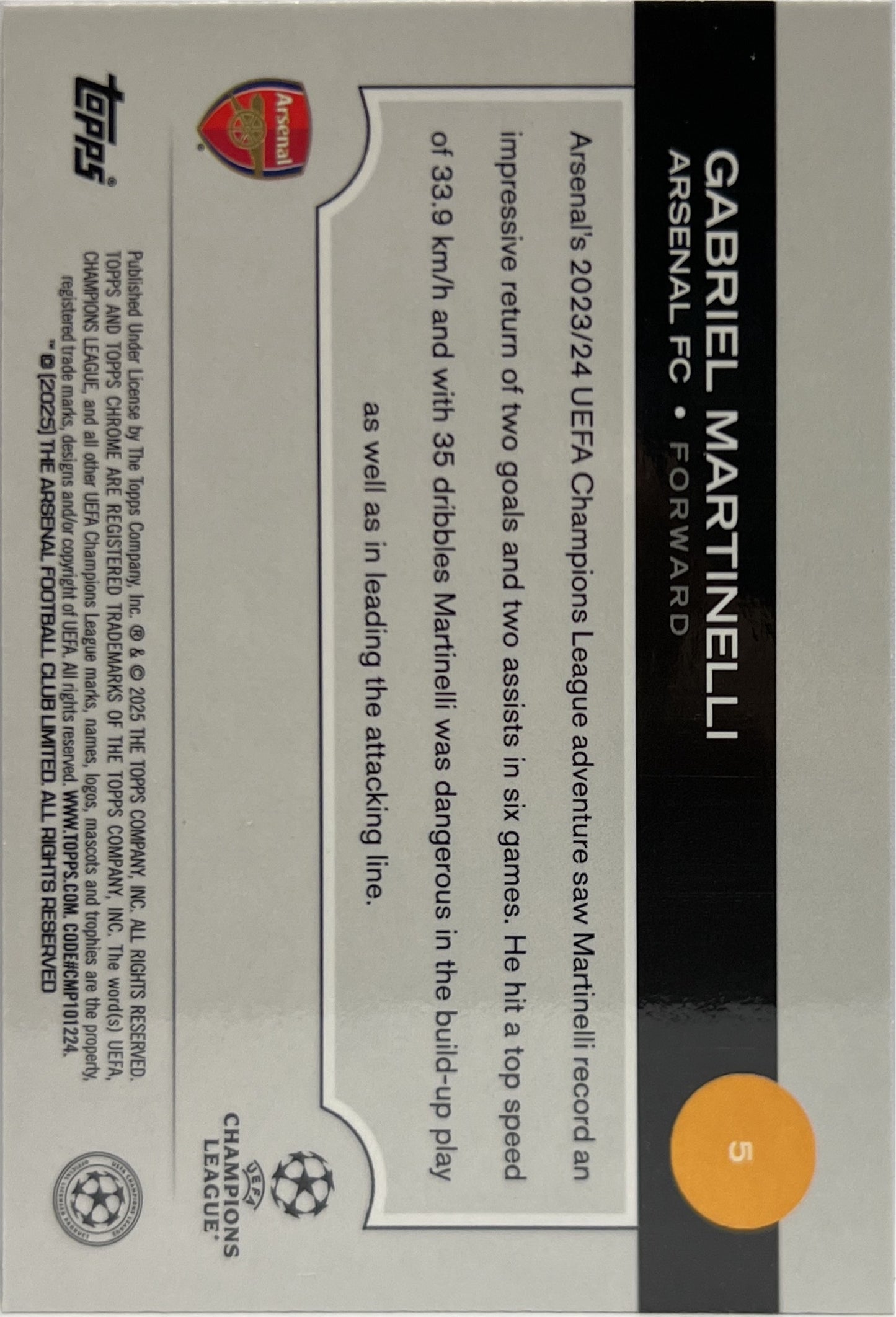 Gabriel Martinelli 54/225 Night Vision Raywave Topps Chrome UCC 2024/25