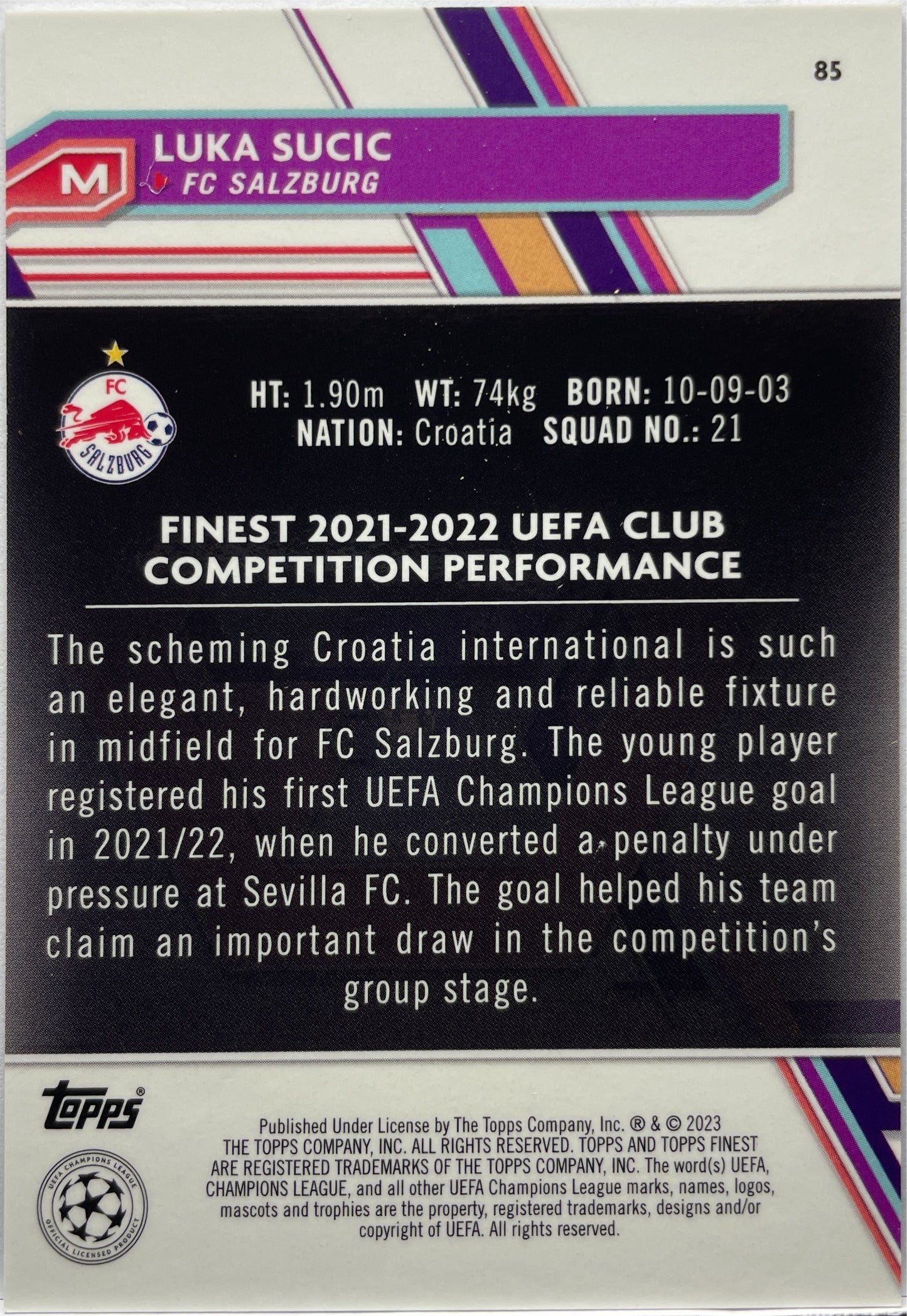 Luka Sucic 104/299 Purple Topps Finest UCC 2022/23