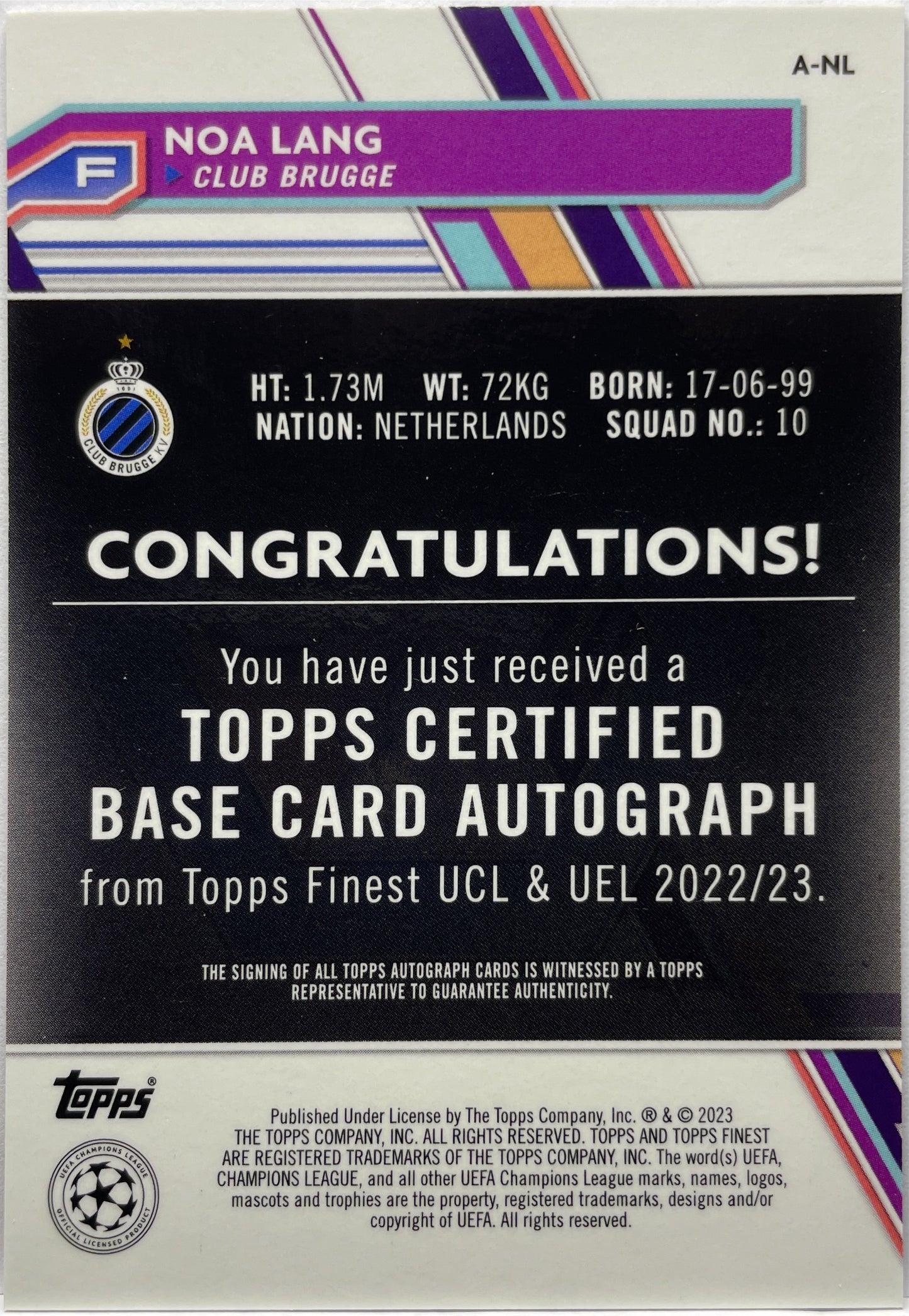 Noa Lang 19/25 Autograph Orange Wave Topps Finest UCC 2022/23