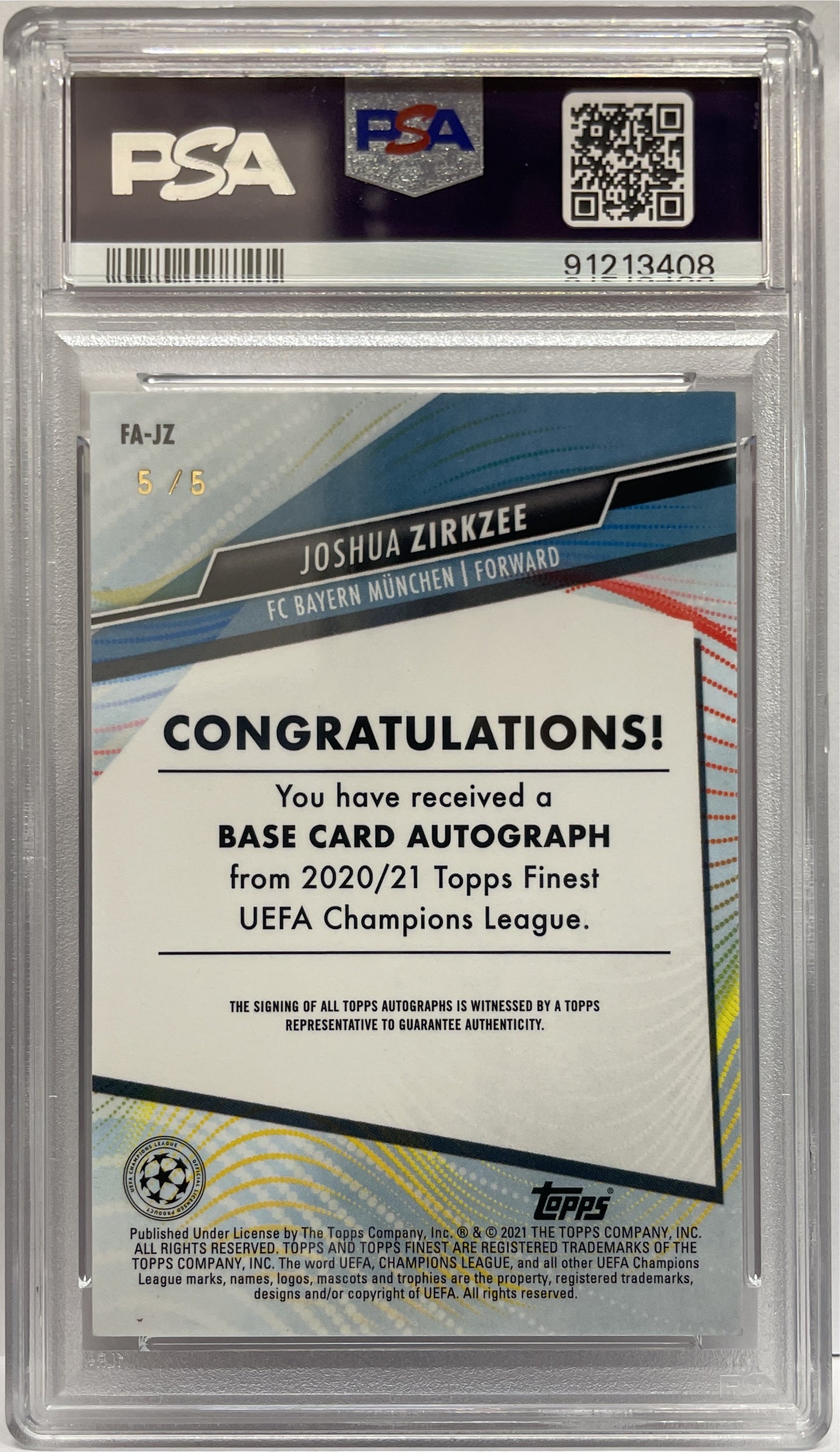 PSA Authentic Joshua Zirkzee 5/5 Autograph Red Topps Finest 2020/21