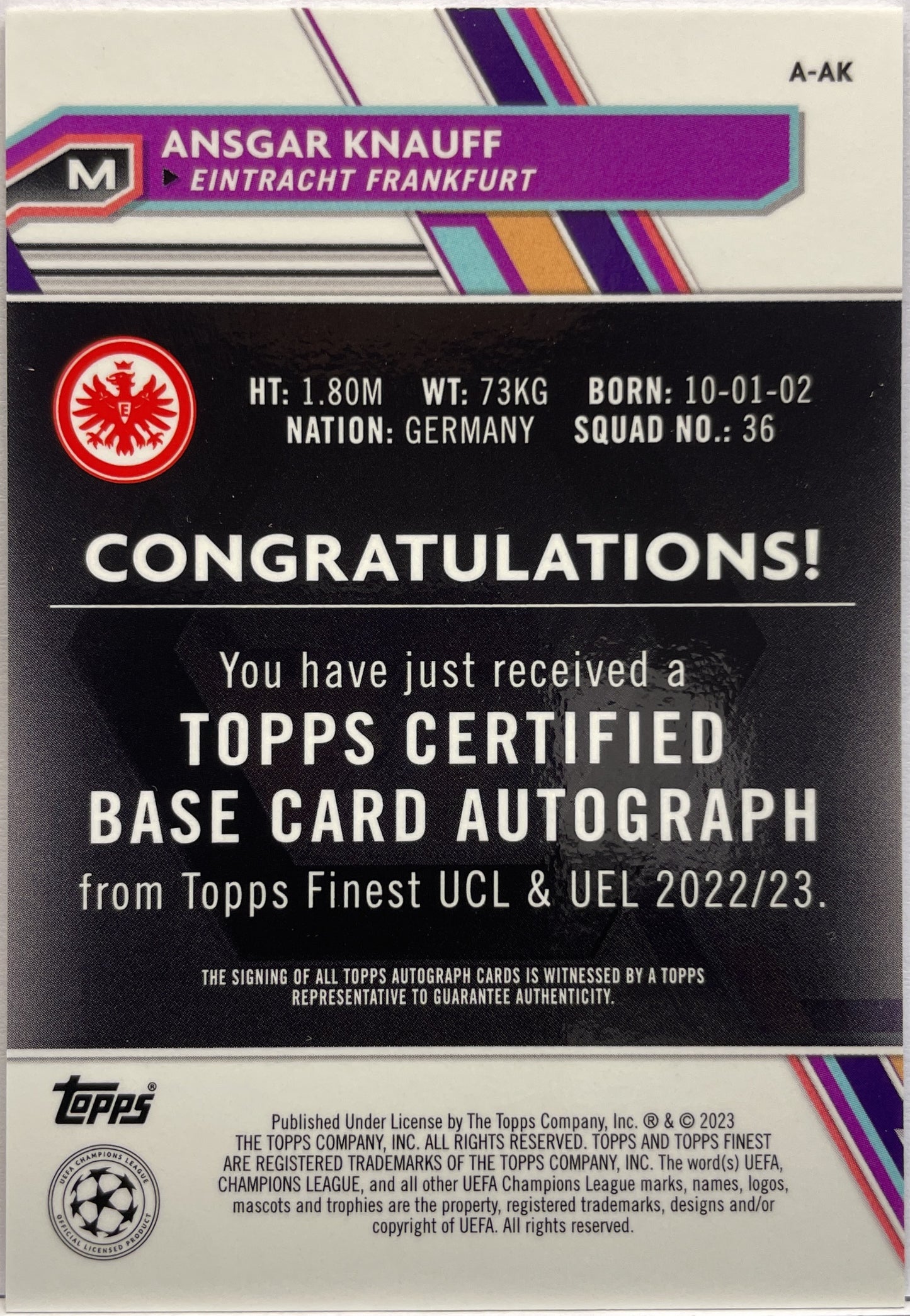 Ansgar Knauff Autograph Topps Finest UCC 2022/23