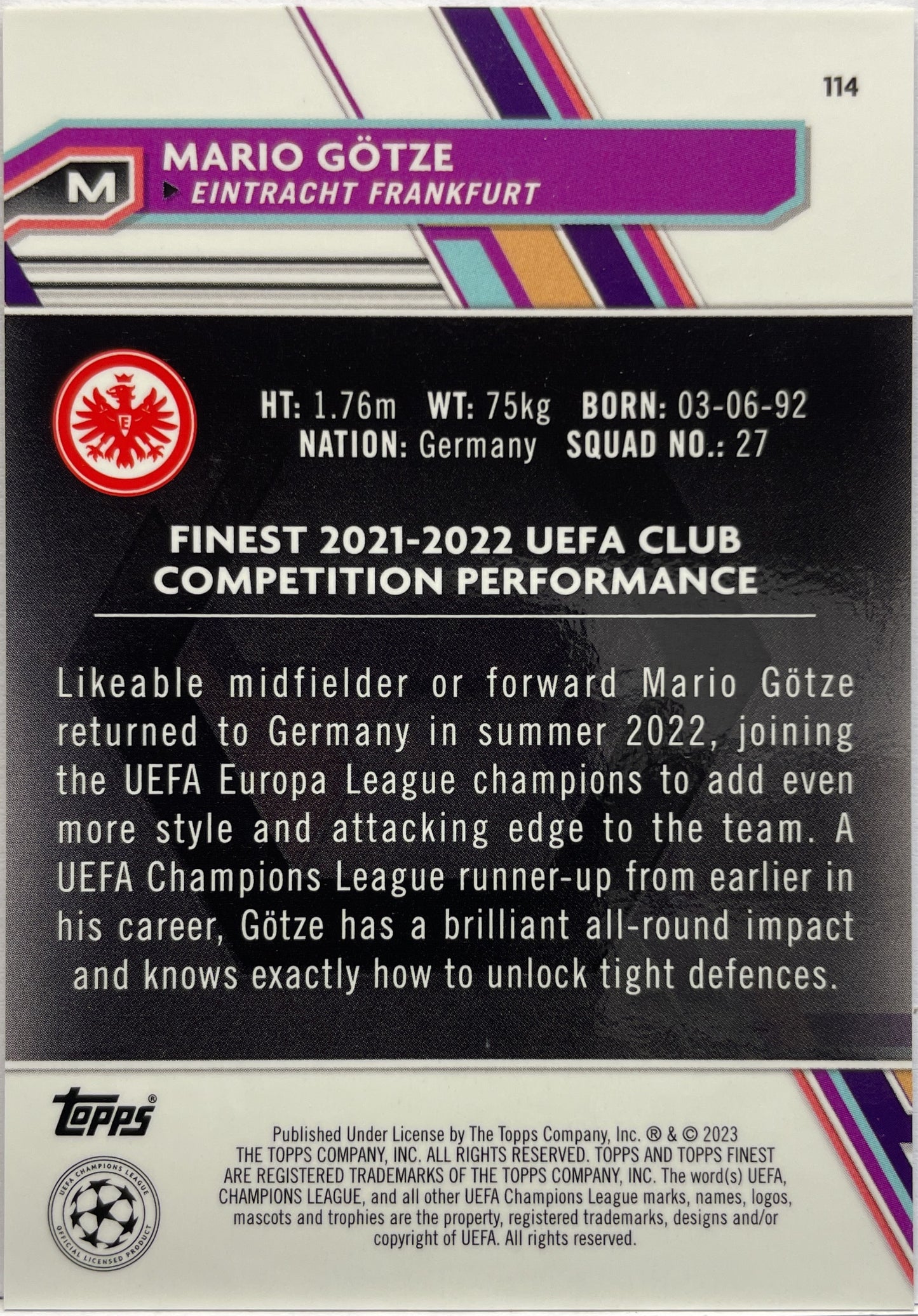 Mario Gotze 73/299 Purple Topps Finest UCC 2022/23