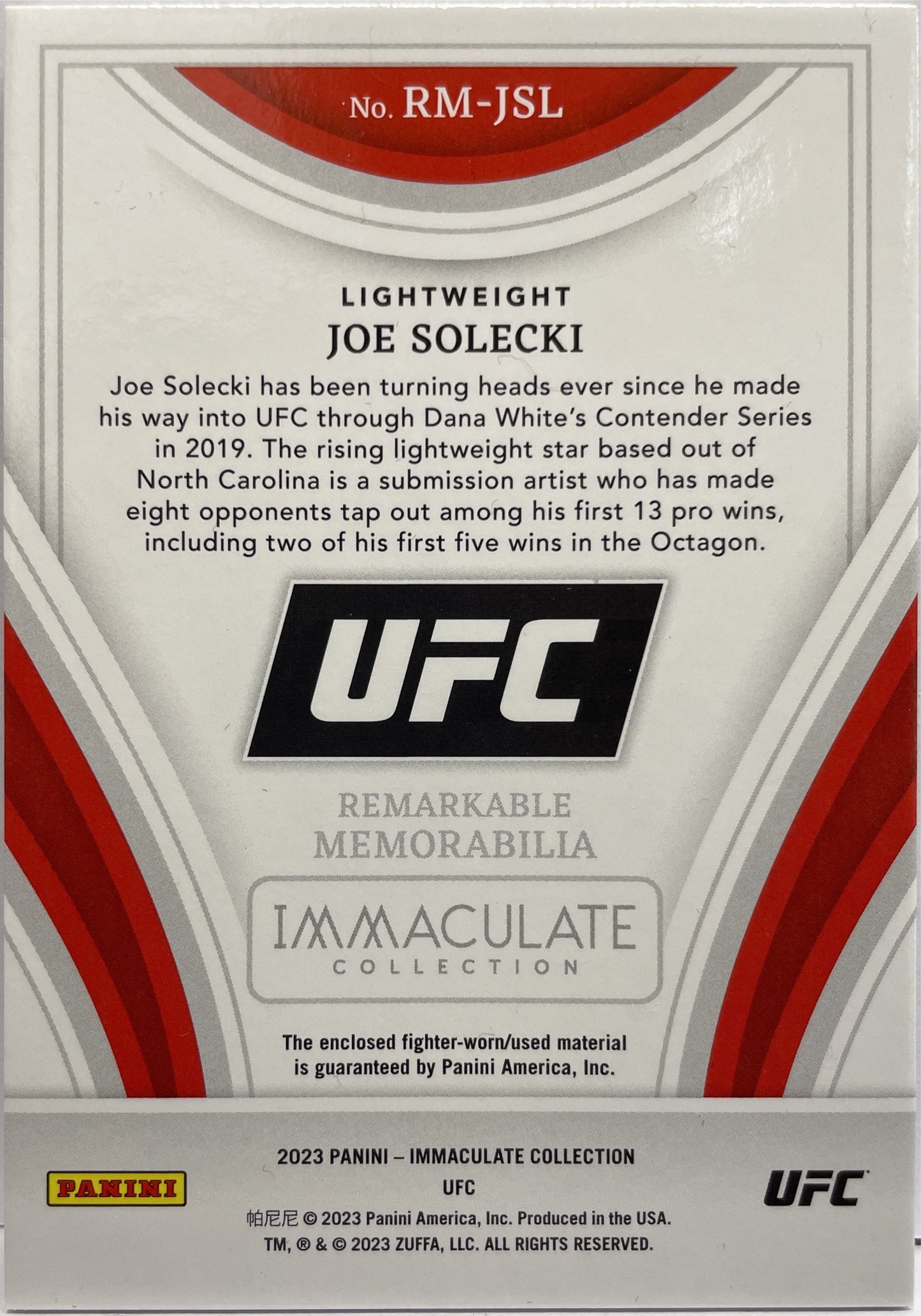 Joe Solecki 85/99 Rookie Patch Immaculate UFC 2023