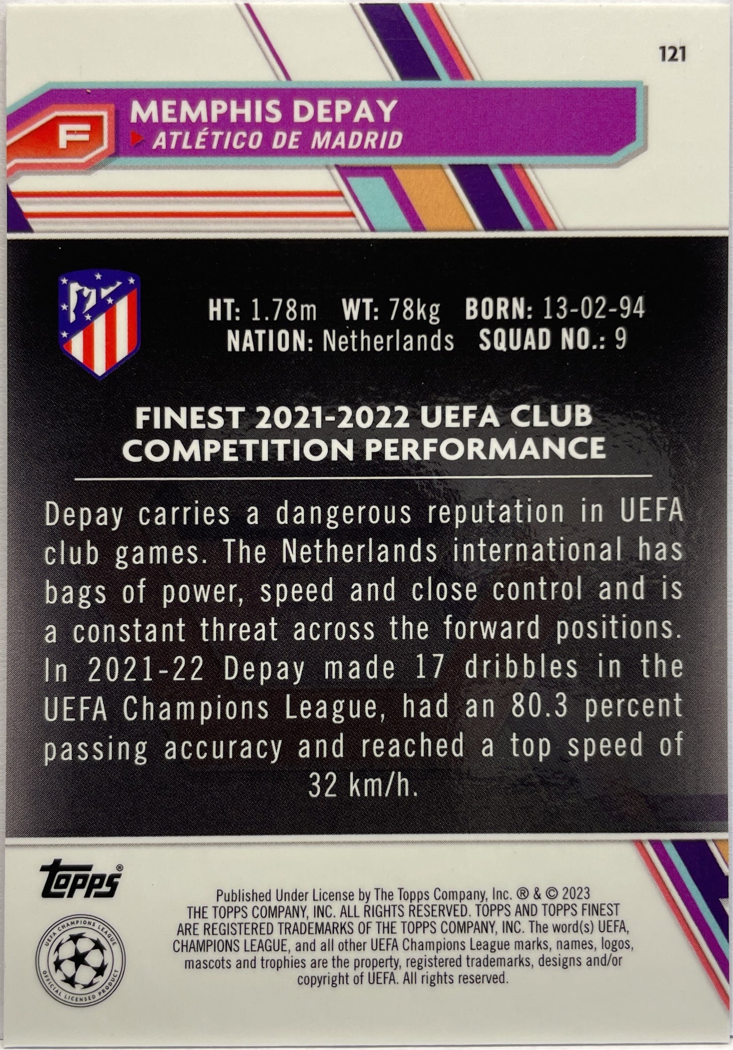 Menphis Depay 96/275 Sky Blue Topps Finest UCC 2022/23