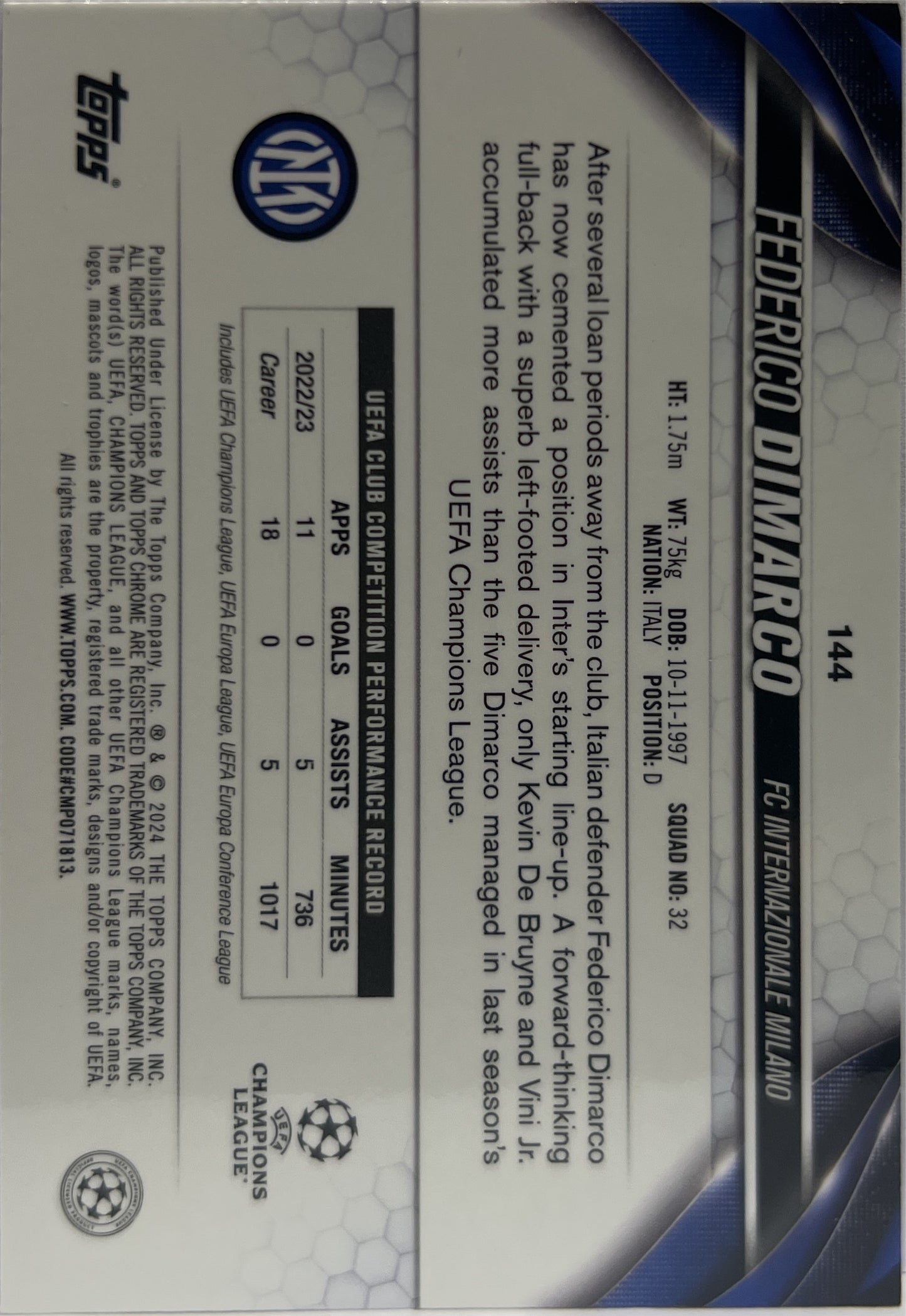 Federico Dimarco 10/25 Geometric Orange Topps Chrome UCC 2023/24