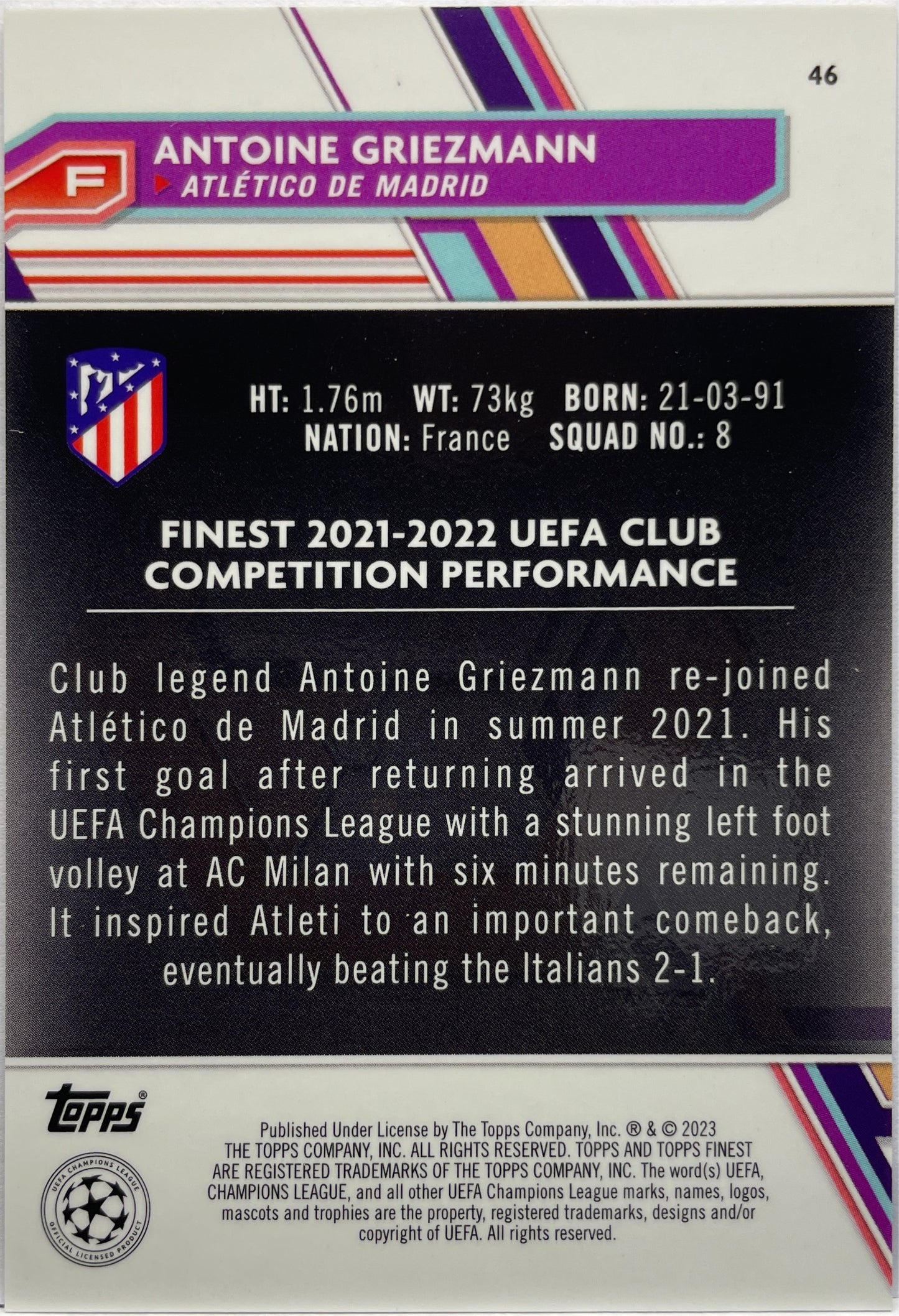 Antoine Griezmann 176/199 Purple Shimmer Topps Finest UCC 2022/23