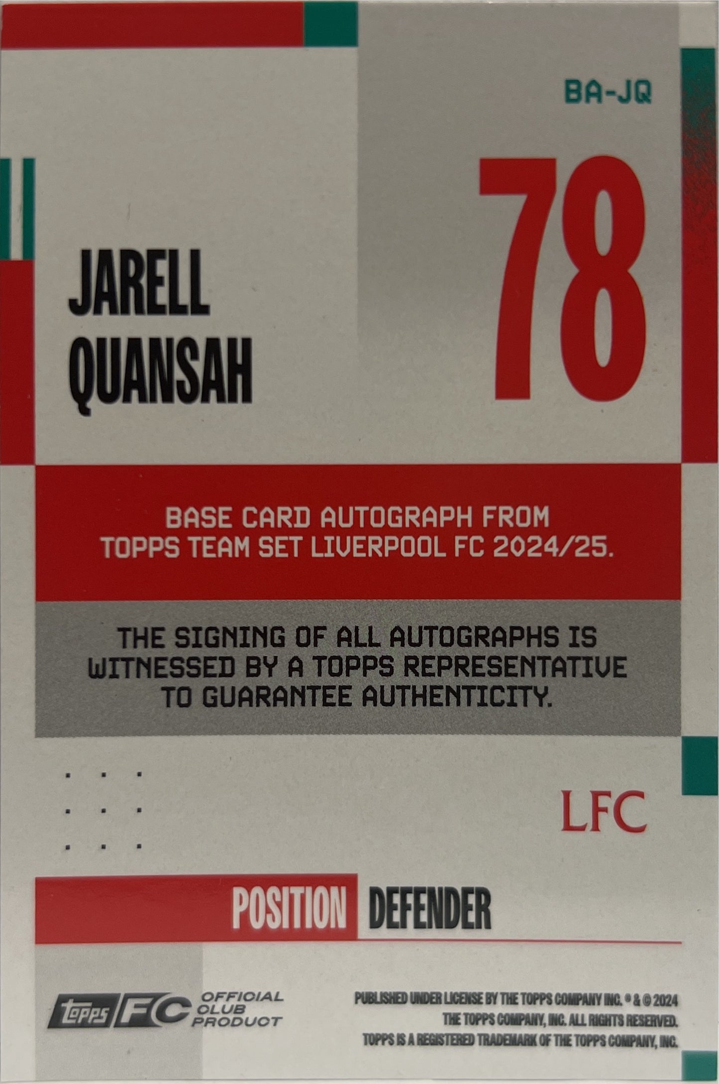 Jarell Quansah 164/250 Autograph Topps Liverpool Team Set 2023/24