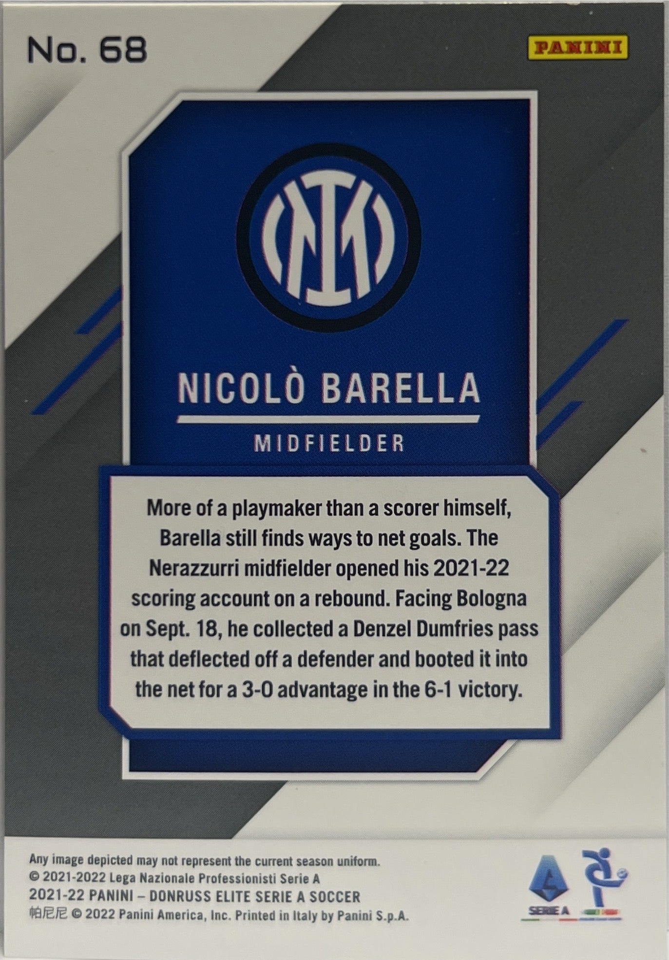 Nicolo Barella 1/5 Green Fireworks Donruss Elite Serie A 2021/22