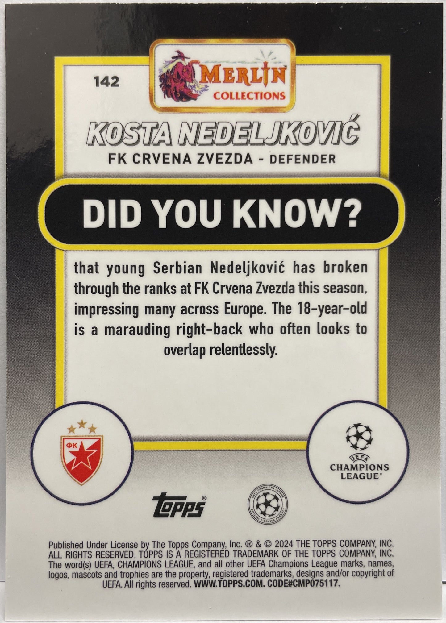 Kosta Nedeljkovic 165/199 Rookie Aqua Speckle Topps Chrome Merlin UCC 2023/24