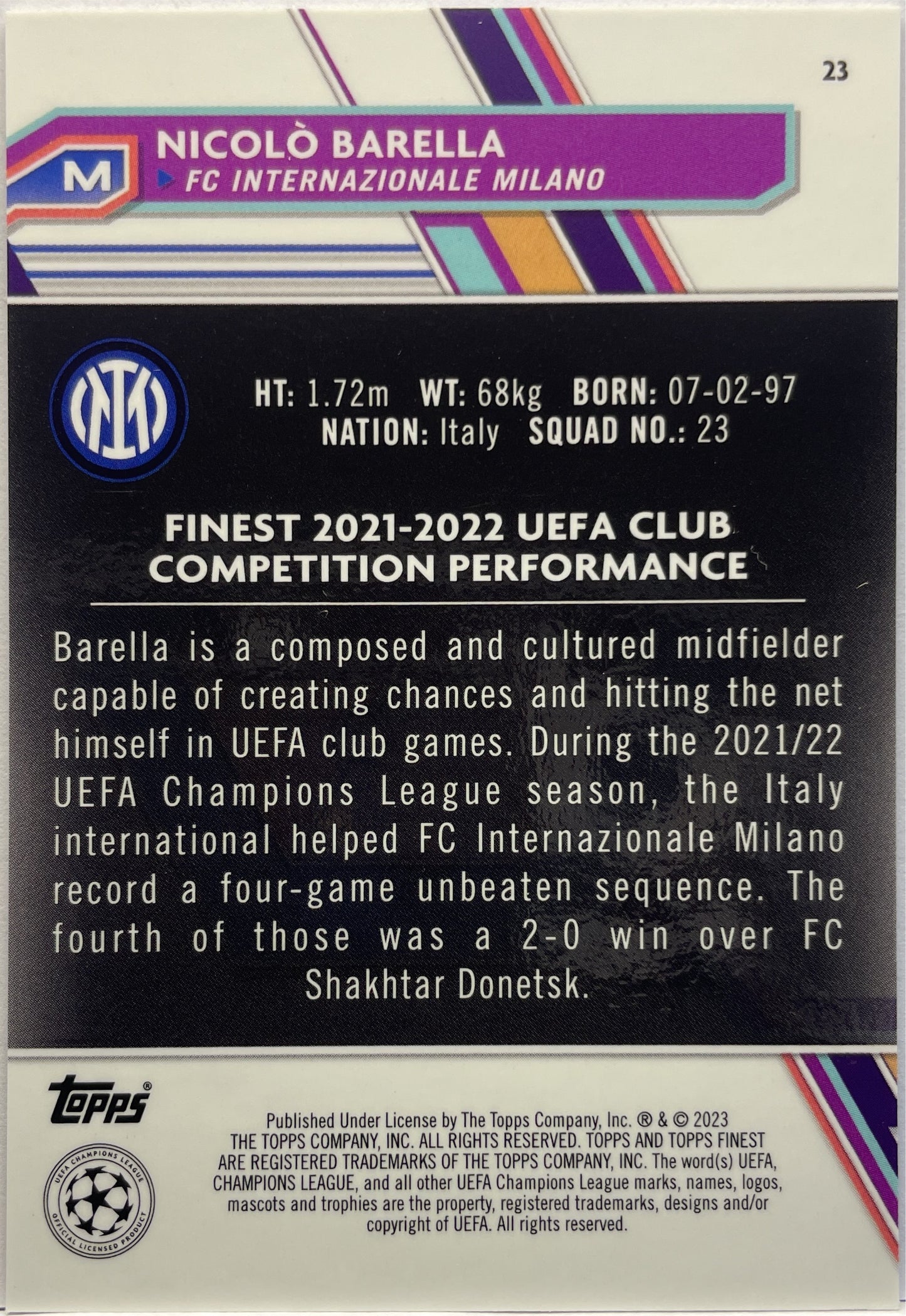 Nicolo Barella 207/250 Blue/Aqua Vaporwave Topps Finest UCC 2022/23