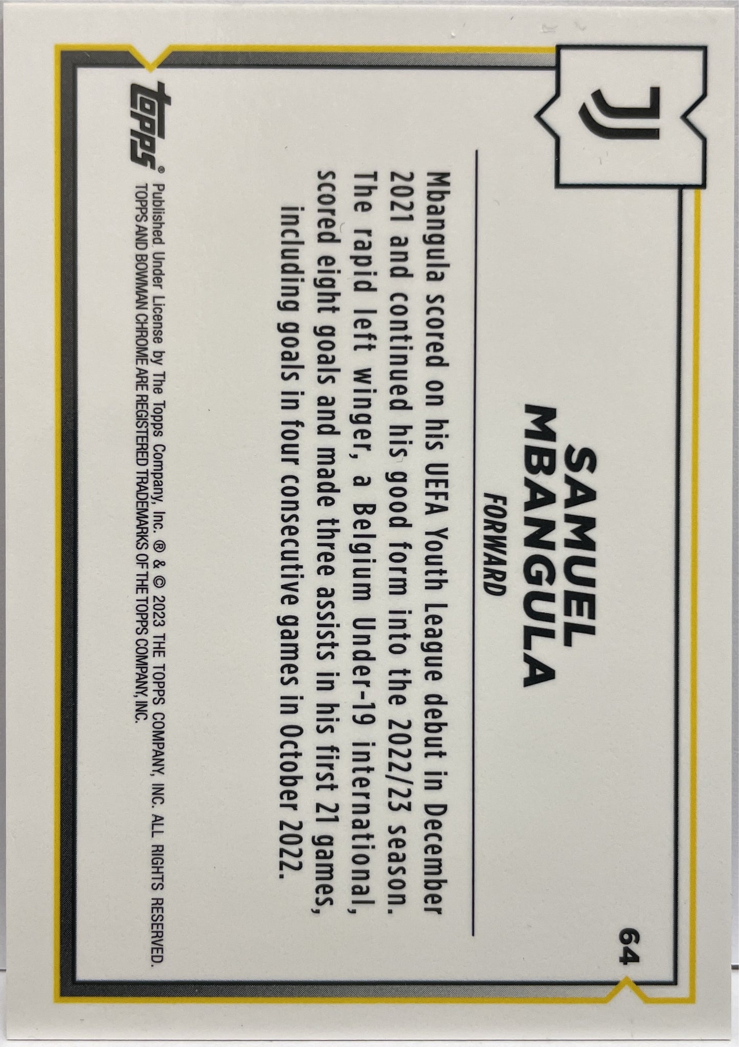 Samuel Mbangula 109/125 1ST Bowman Pink Topps Chrome Juventus 2022/23