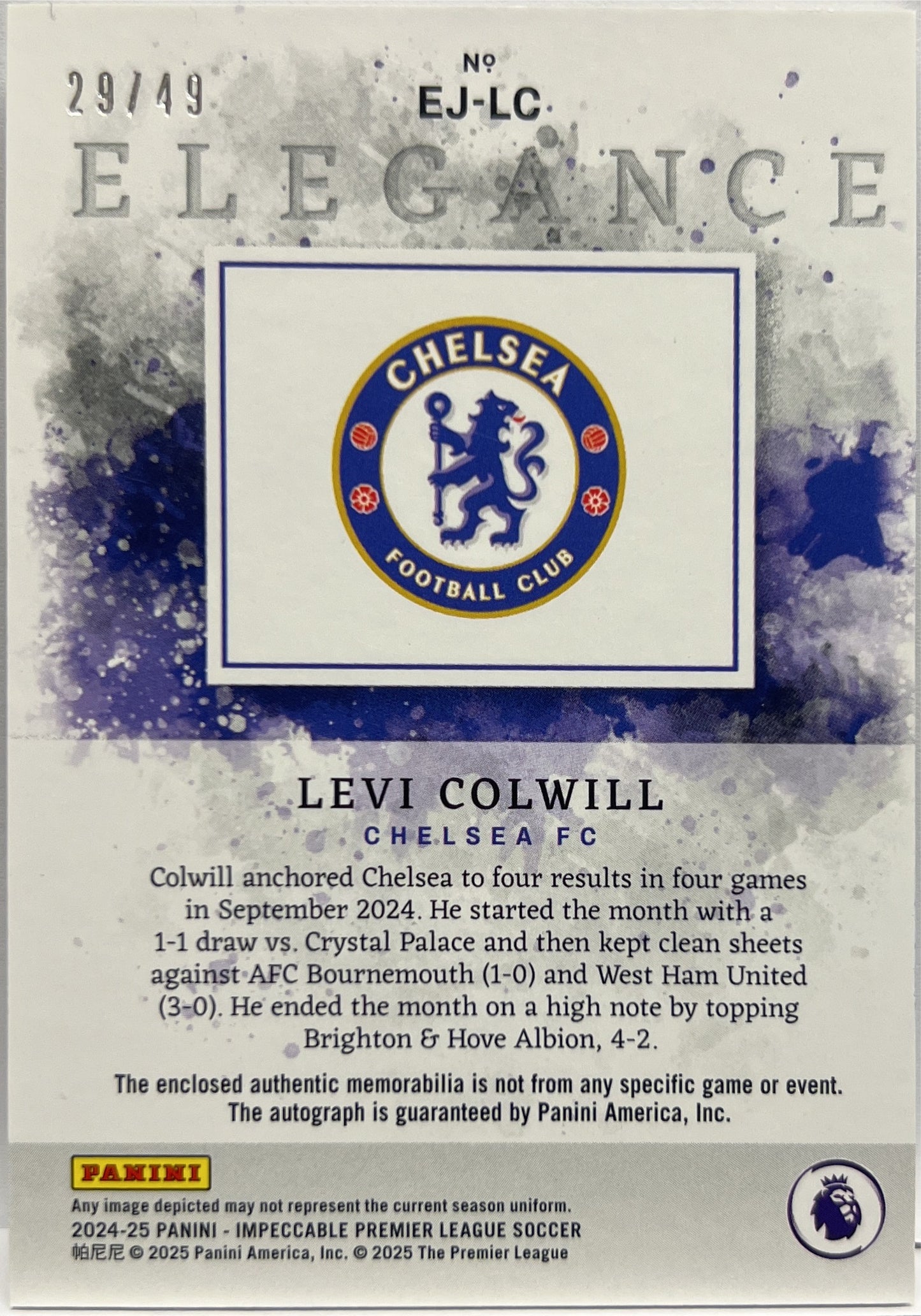 Levi Colwill 29/49 Patch Autograph Elegance Jersey Silver Impeccable Premier League 2024/25