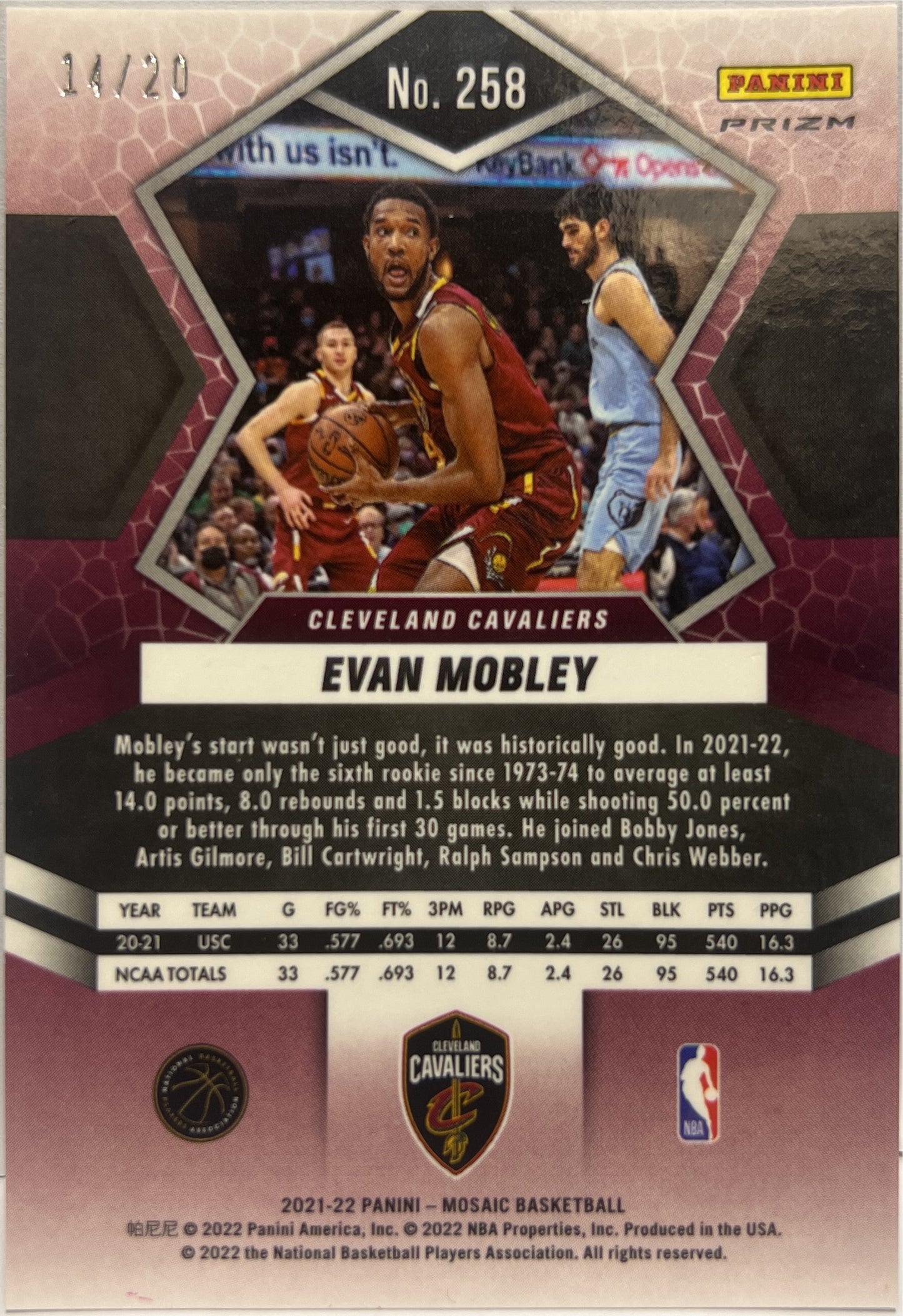 Evan Mobley 14/20 Rookie Pink Mosaic Basketball NBA 2021/22