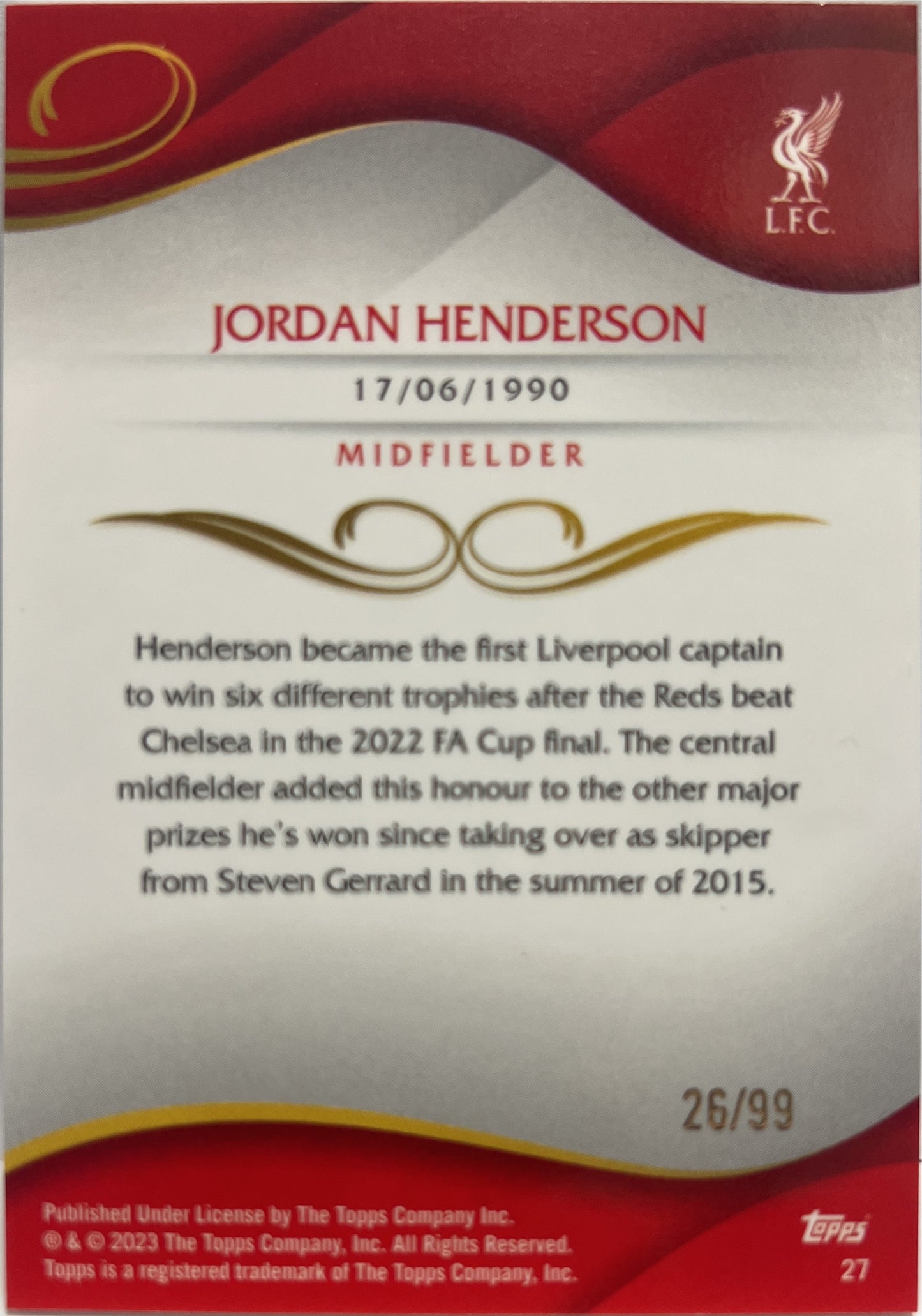 Jordan Henderson 26/99 Teal Topps Lineage Liverpool 2022/23