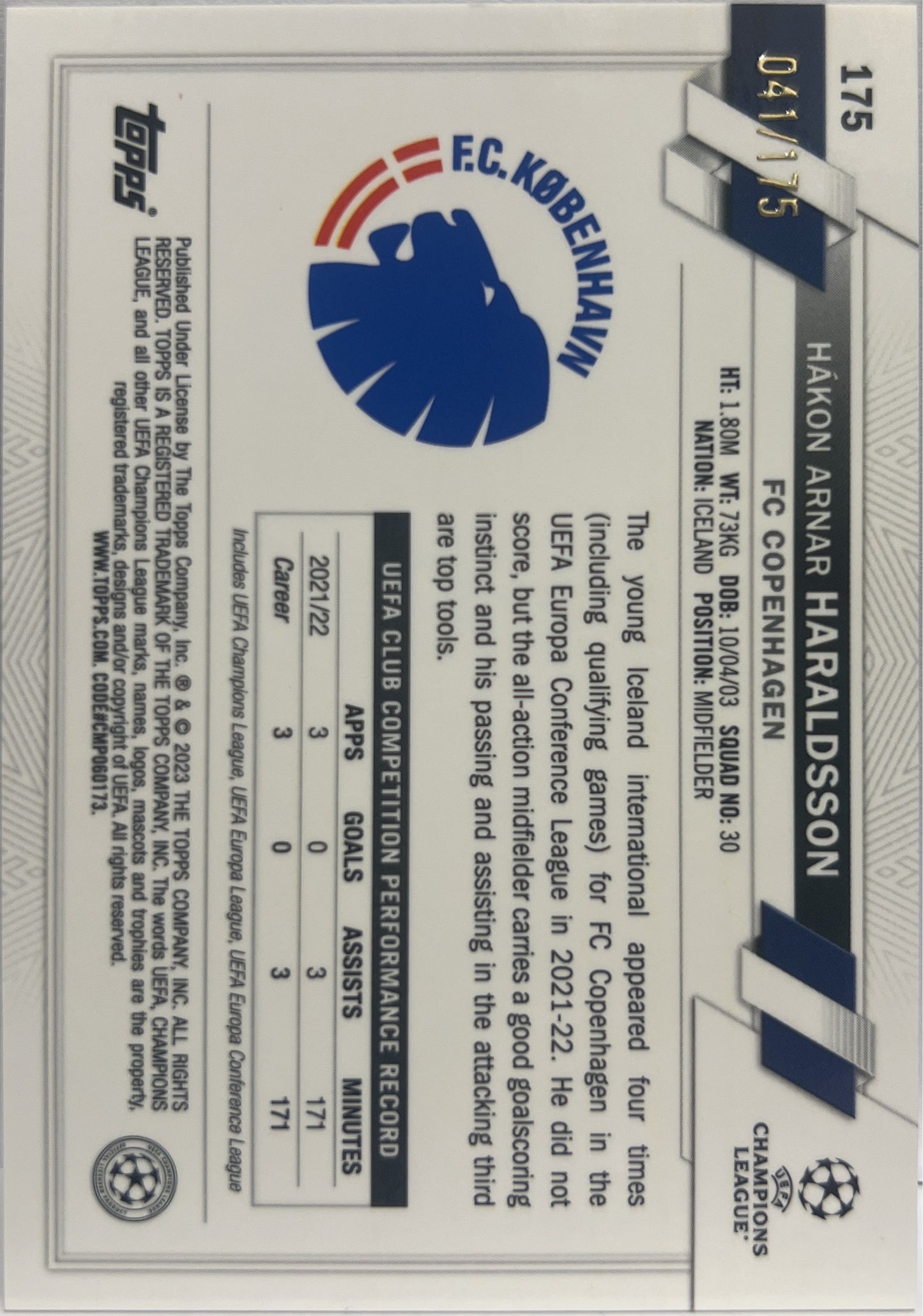 Hakon Arnar Haraldsson 41/175 Rookie Pink Mini Diamond Topps Chrome UCC 2022/23